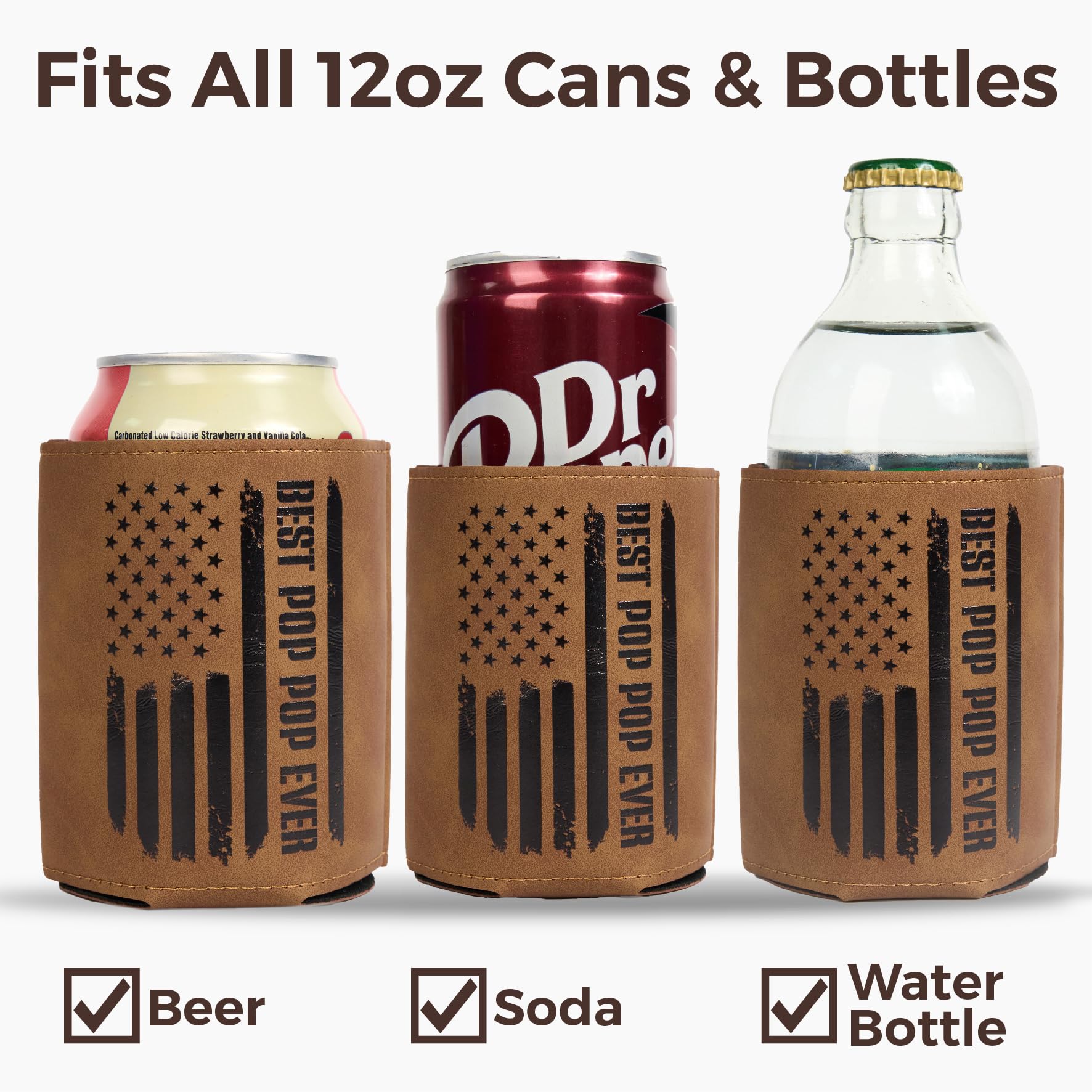 Best Pop Pop Gifts – Funny PU Leather Can Cooler Sleeve for PopPop from Grandkids, Fathers Day Birthday Christmas Gift Idea, Fits 12 Oz Cans
