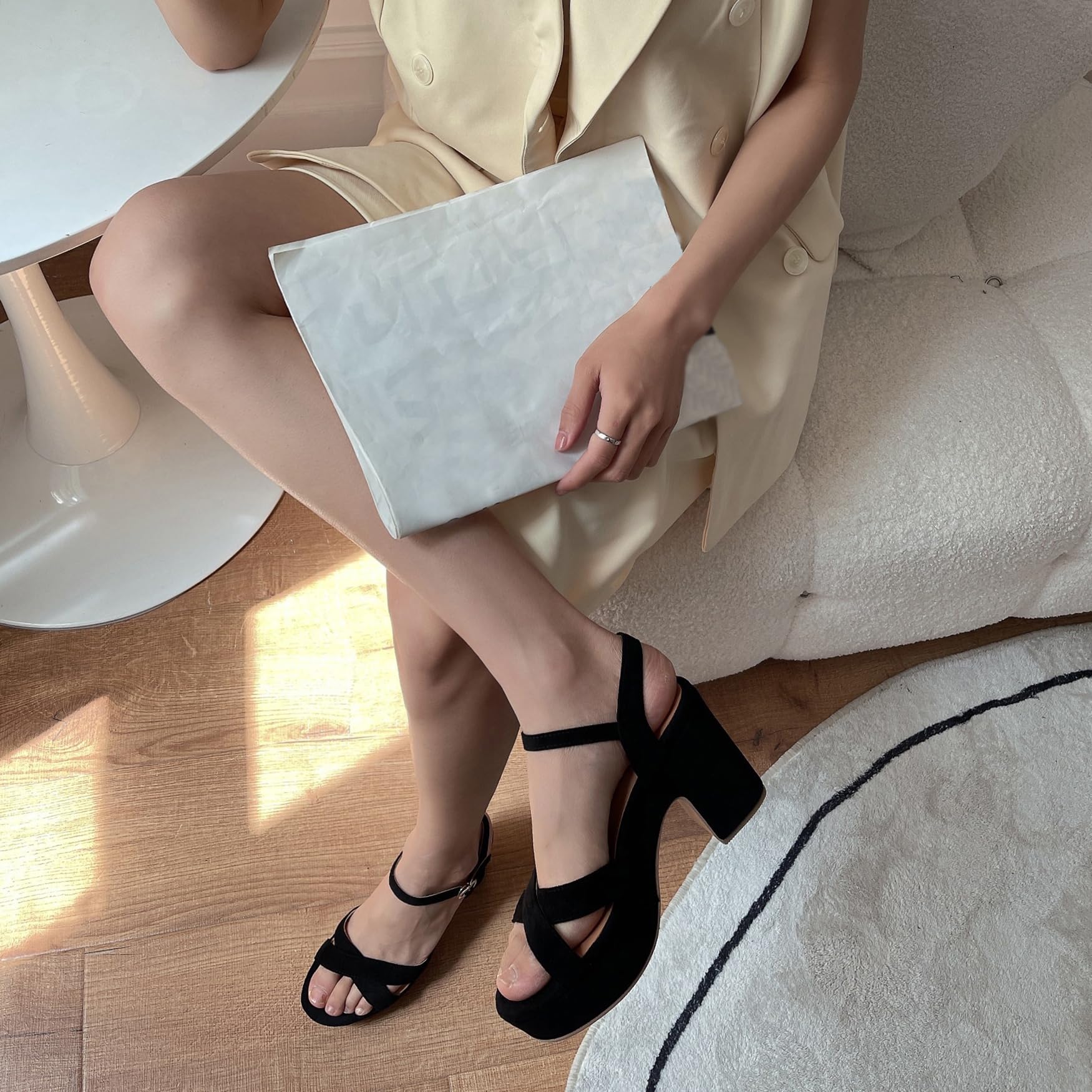 Sandali da Donna, Sandali Punta Aperta con Tacco Alto Fibbia Sandali Estivo Tacco Chunky Sandali con Cinturino Alla Caviglia con Plateau, Numero 33-41