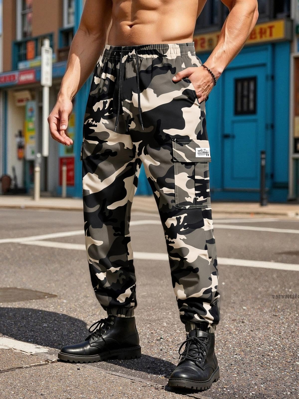 Men's Camo Cargo Pants Stretch Quick Dry Lightweight Joggers with Multi Pockets