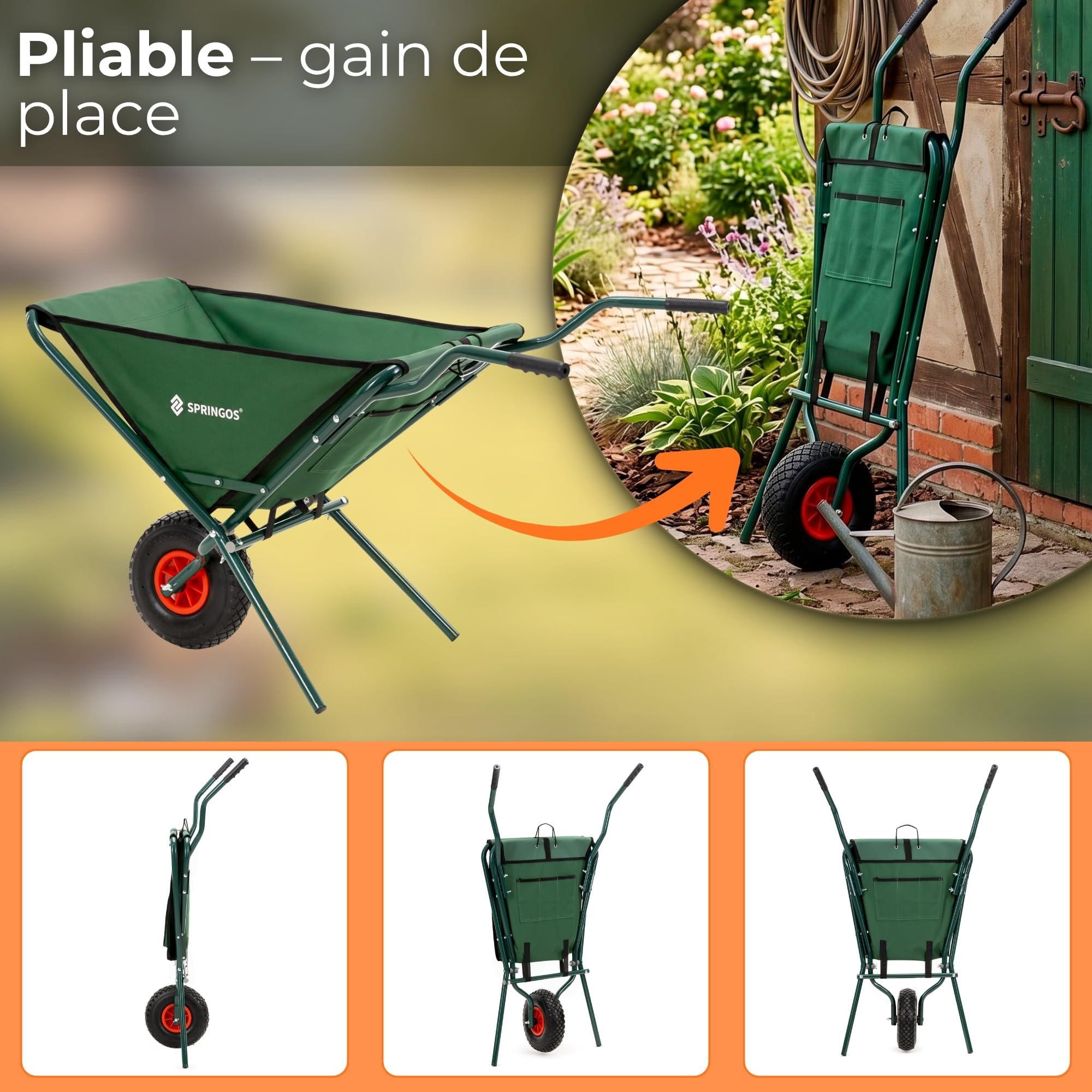 Chariot de jardin pliable de 50 L, avec pneus à air, chariot de transport en tissu Oxford, cadre en acier, compartiments pour outils, brouette pliable pour jardinage, vert