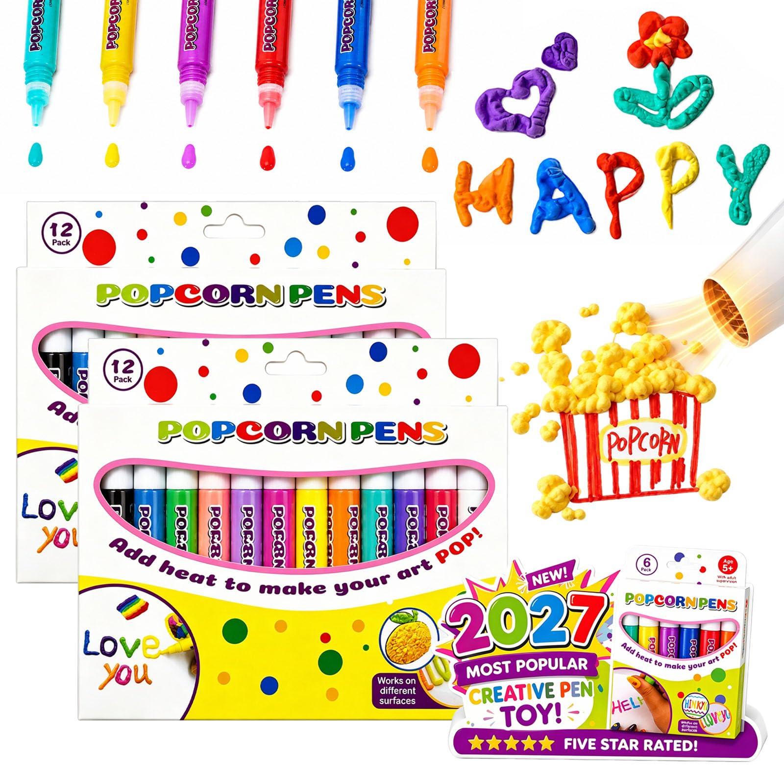 Magic Popcorn Pen, DIY Bubble Popcorn Drawing Pens, 3D Puffy Embellish Decorate Graffiti Stationery for Greeting Birthday Cards Kids Christmas (12 Colors-2 Boxes)