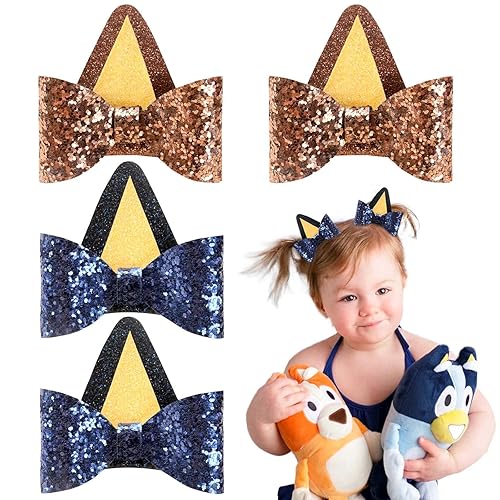 2 pares de orejas de perro azules y orejas de perro naranja para niños pequeños y adultos, lazos con purpurina para disfraz de Halloween, cosplay,