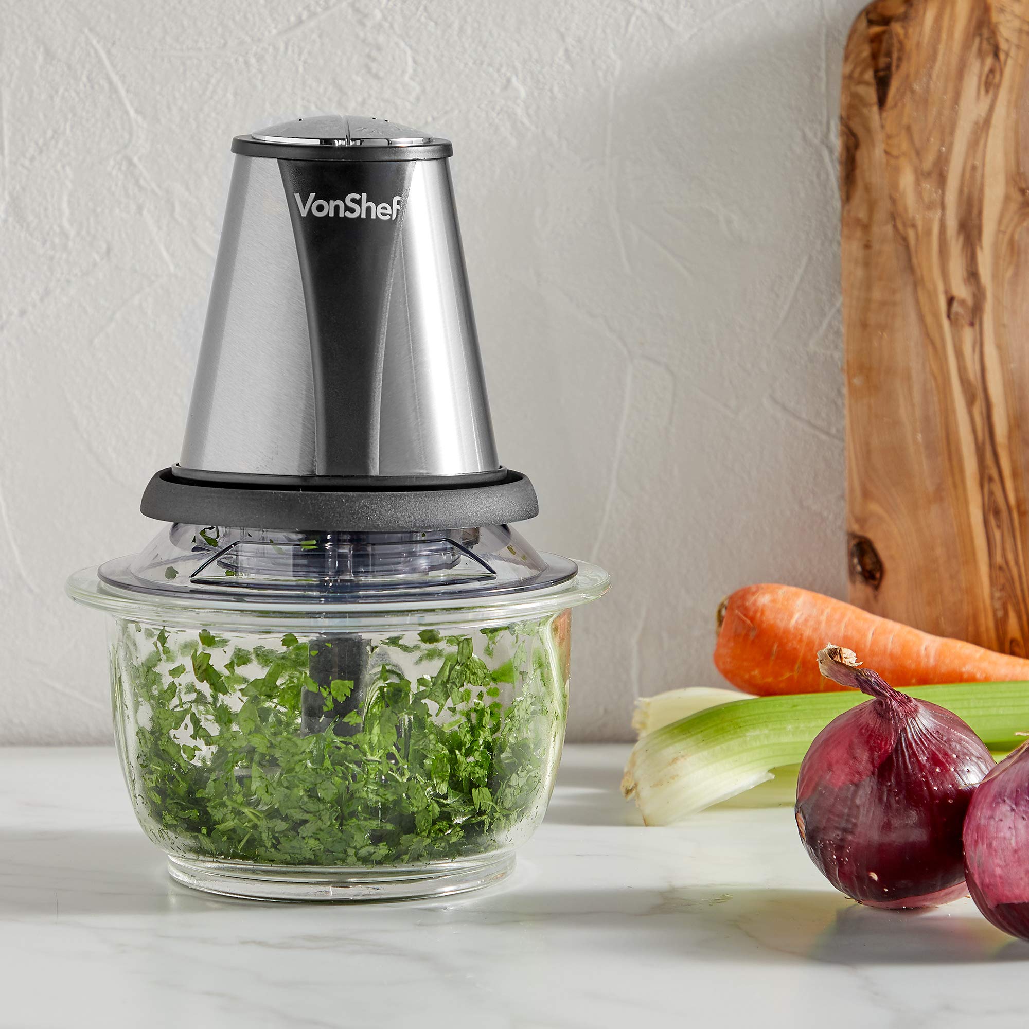 VonShef Mini Picadora Eléctrica - Rápida y Eficiente con 2 Niveles de Velocidad y Recipiente de Vidrio de 1.2L para Hacer Puré y Mezclar Ensaladas, Sopas, Salsas, Alimentos para Bebés y Frutas