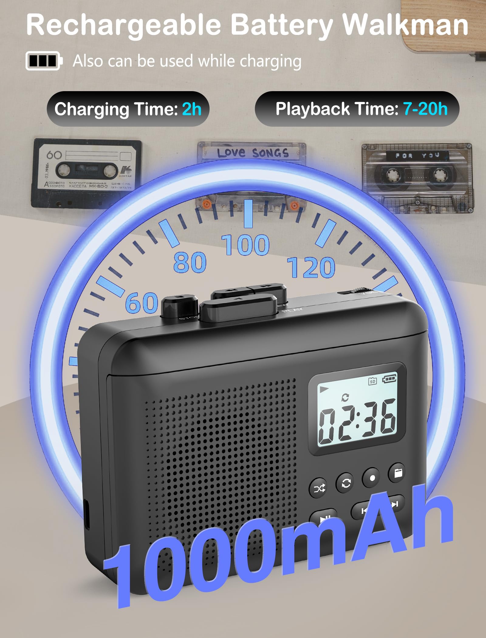 Tragbarer Kassettenspieler, Kassette zu MP3 über SD-Karte, Walkman-Kassettenspieler mit 1000 mAh Akku, eingebautem Mikrofon und Lautsprecher, Kopfhöreranschluss, 16 GB SD-Karte (schwarz)