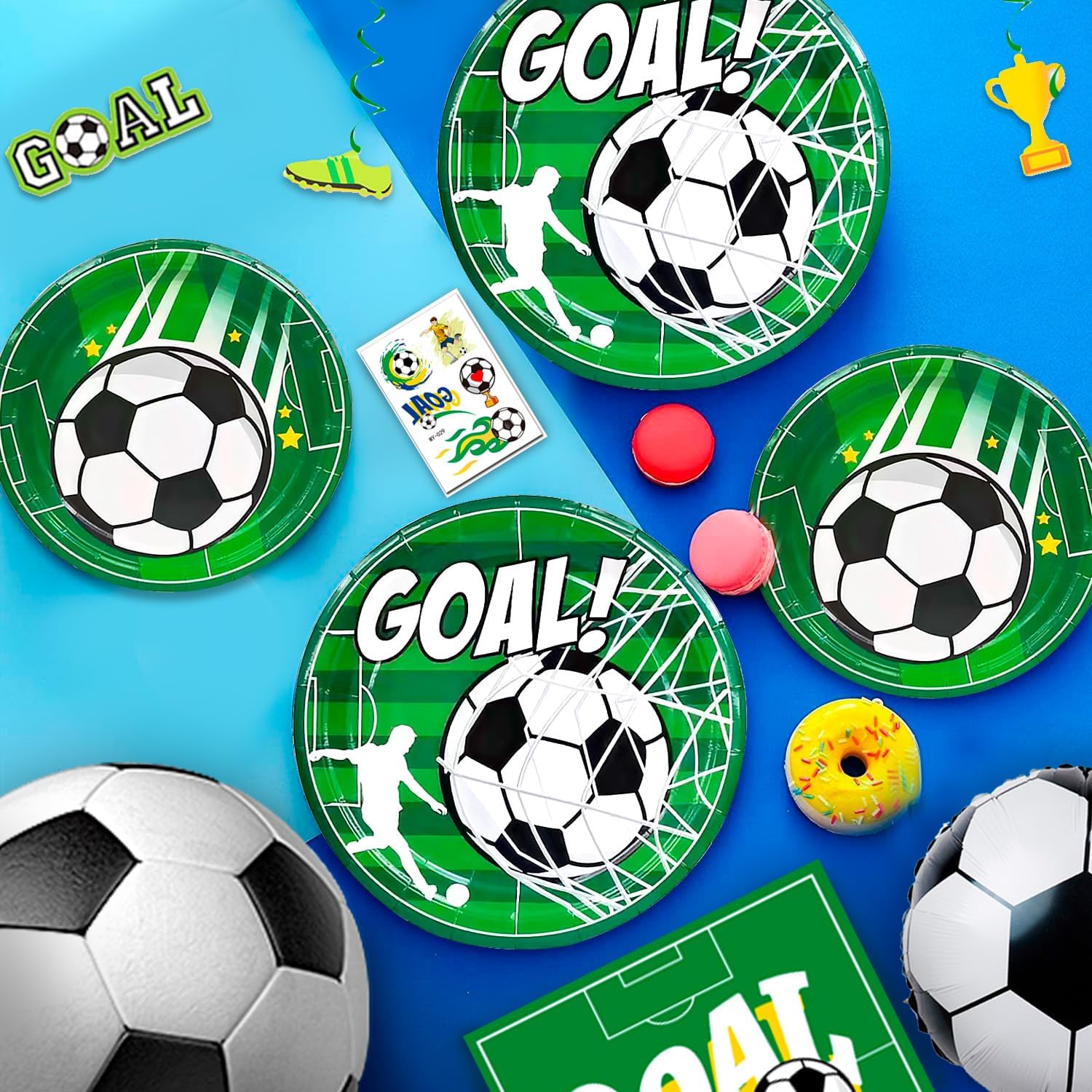 Forniture per Feste di Calcio,16 Ospiti Calcio Stoviglie per Feste di Compleanno Calcio Decorazioni Set-Tema Calcio per Piatti Tazze Striscioni etc Decorazioni Compleanno Tema Sportivo