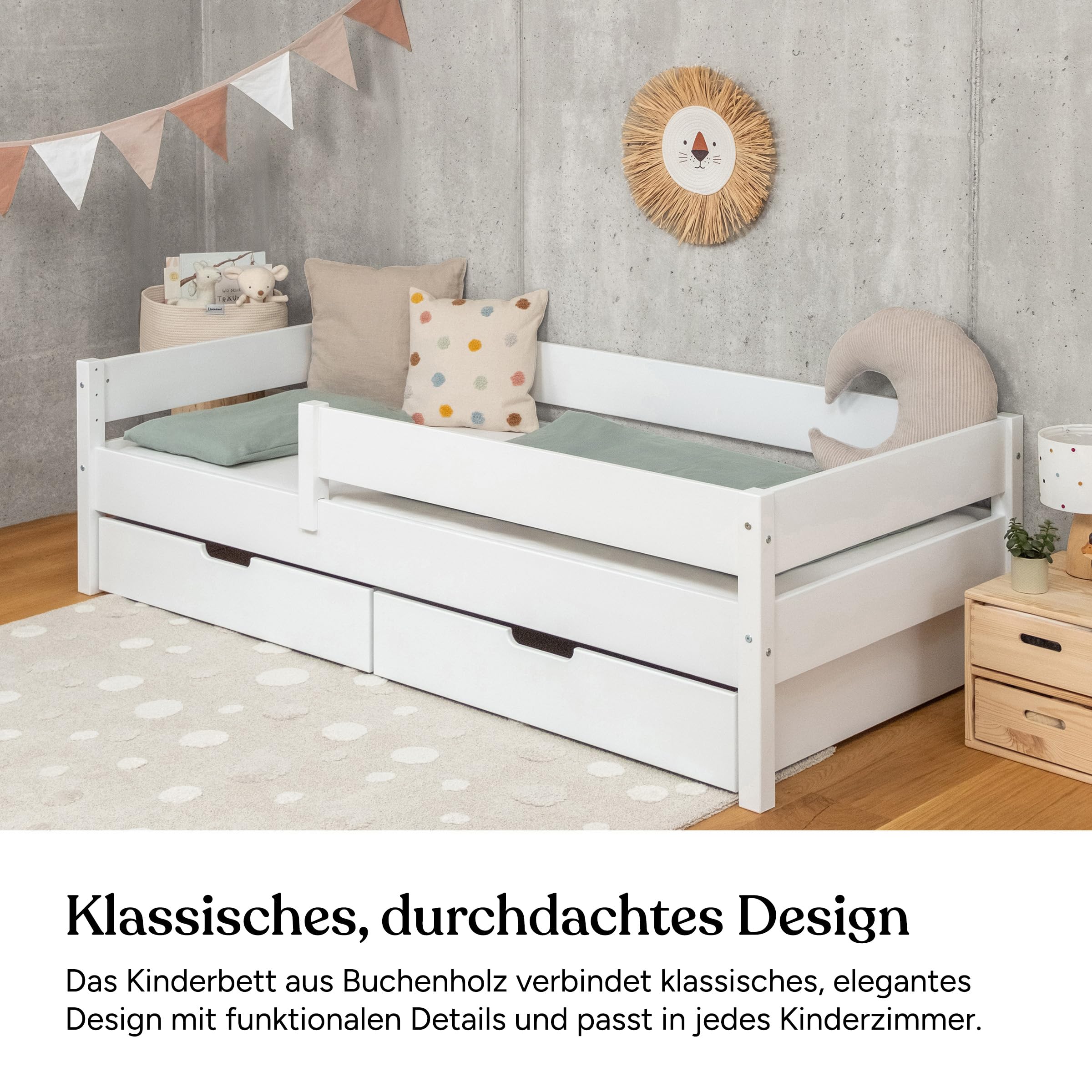 Ehrenkind® Kinderbett Buche Nova | FSC® Zertifiziert | Kinderbett mit Rausfallschutz | Massivholz inkl. Lattenrost | 120x200cm weiß mit Bettkasten | Bett 120x200 | Kinder Bett