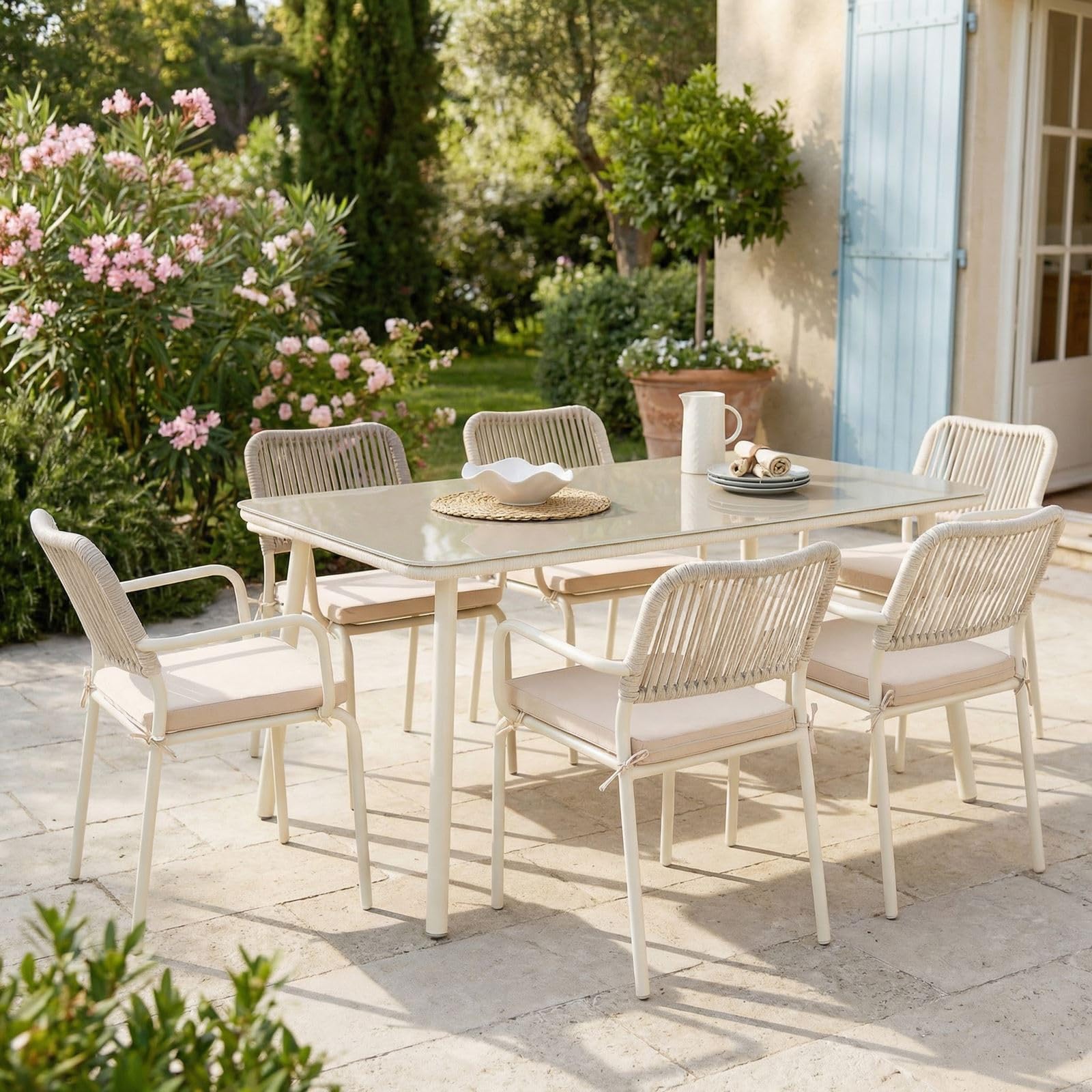 IDIMEX Gartenmöbel Set VOLONTE 1 Tisch 6 Stühle, Beige – Wetterfeste Sitzgruppe mit Glasplatte & Rope-Bespannung für Garten Terrasse Balkon