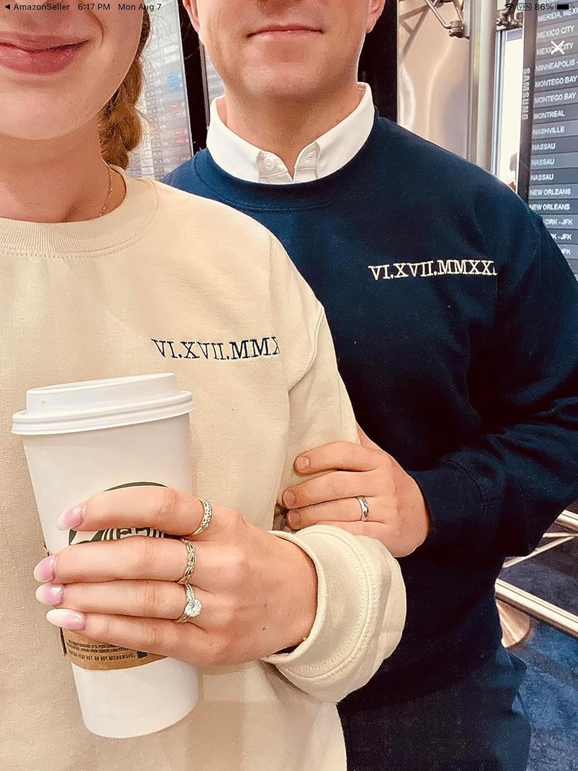 Custom Embroidered Roman Numeral Date Crew Sweatshirt Sweaters/Couples Special Day Date/Initials on Sleeve/Wedding Day Anniversary Birthday Lovers Gift White - Image 2