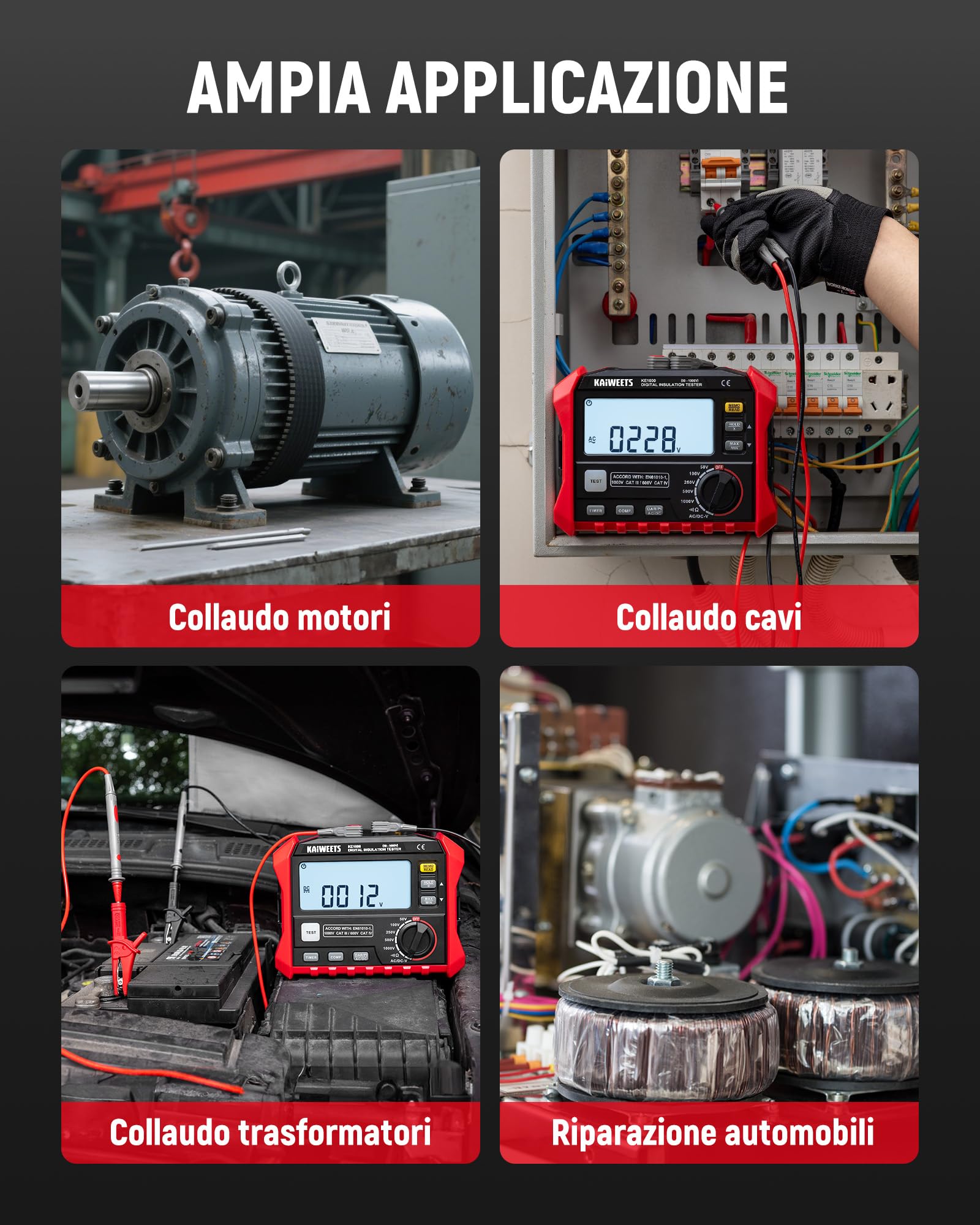 KAIWEETS Misuratore di isolamento, misuratore di resistenza di isolamento, fino a 100 GΩ, 50 V/100 V/250 V/500 V/1000 V, One Touch-DAR/PI, con prova di tensione AC/DC per motori, solare, HVAC