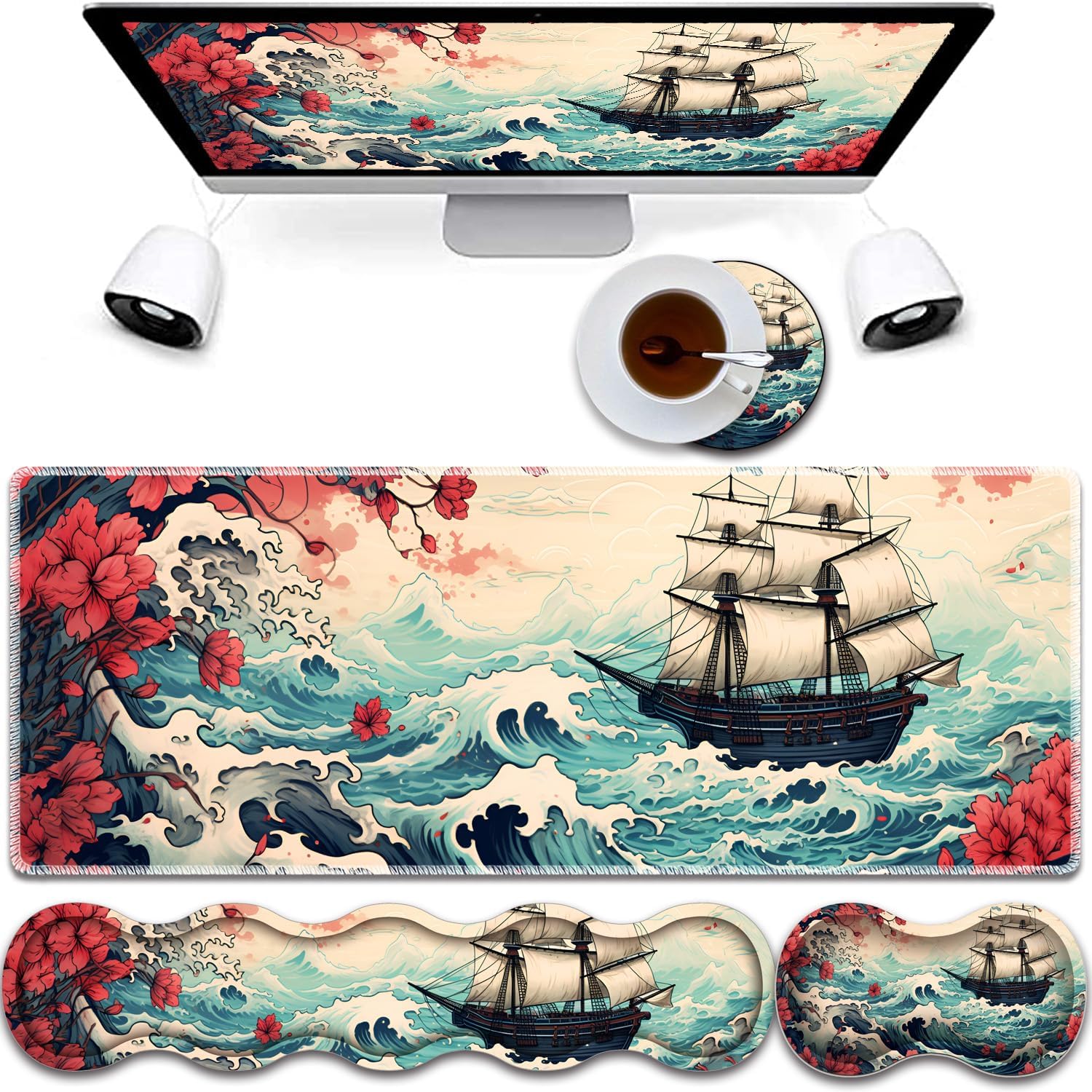 4 in 1 Mouse Pad Combo, Large Gaming Mouse Pad + Keyboard Wrist Support + Mouse Wrist Rest + Coaster, Table Pad 31.5 "x 11.8" with Memory Foam Ergonomic Wrist Pad Set, Dragonfly Under The Moon