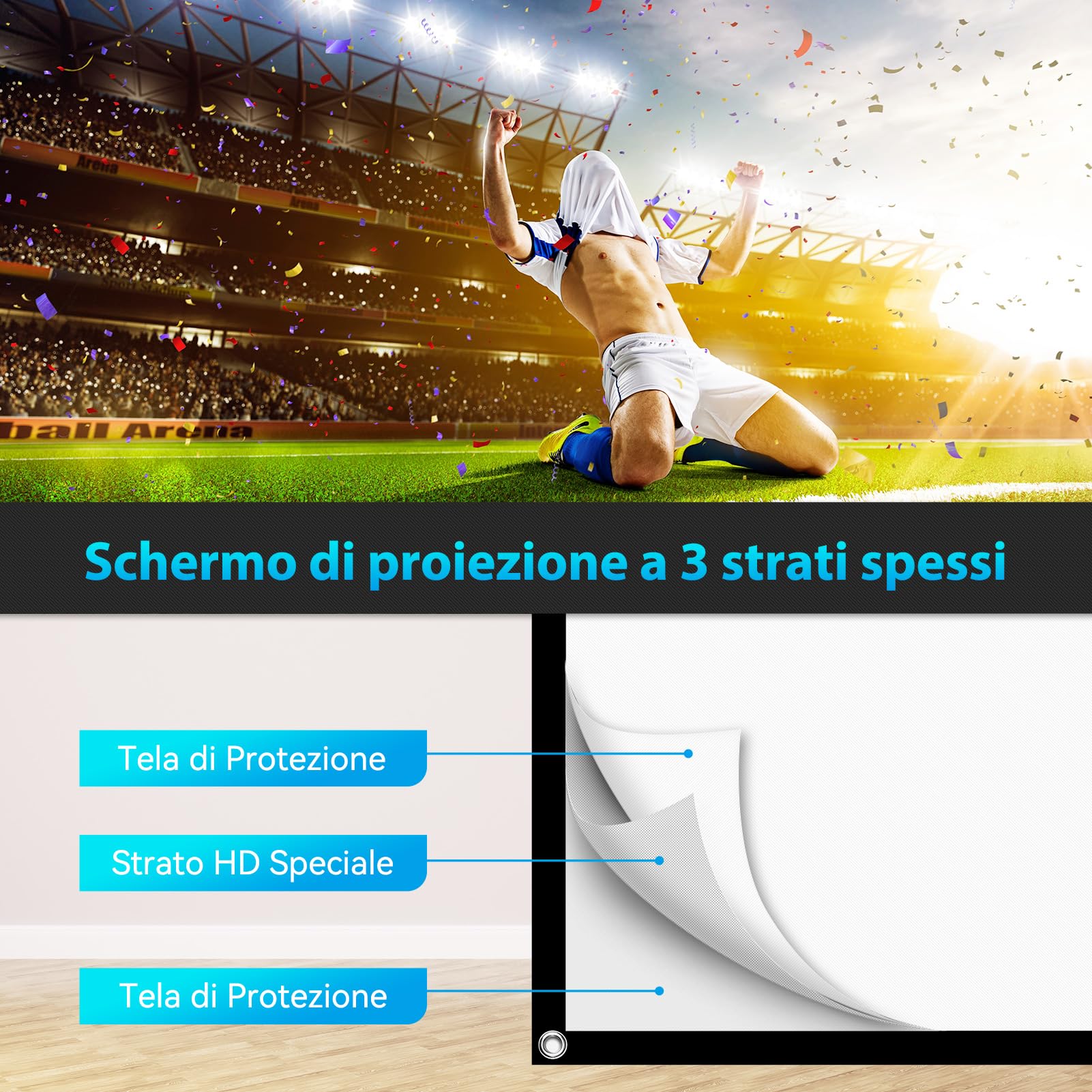 Schermo Proiettore 100 Pollici 16:9 HD Telo Proiettore Anti Rughe Pieghevole Portatile Lavabile, Schermo Doppia Faccia, Schermo Proiezione Esterno per Casa Ufficio Eventi All`Aperto Teatro