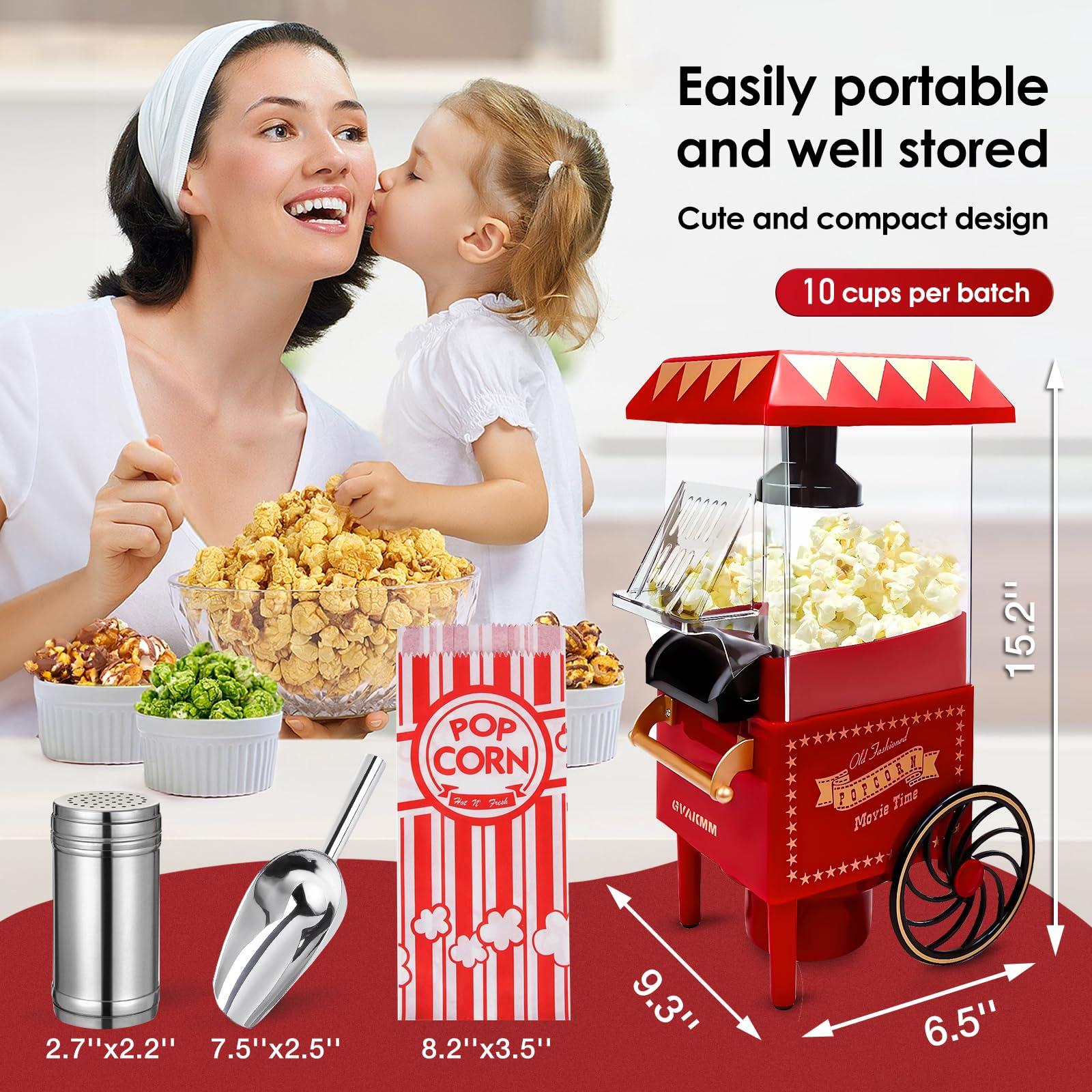Macchina per popcorn, kit per popcorn ad aria calda, confezione regalo, macchina portatile per popcorn casalinga, 10 tazze, senza olio, stile retrò, compatta e carina (rosso-11)