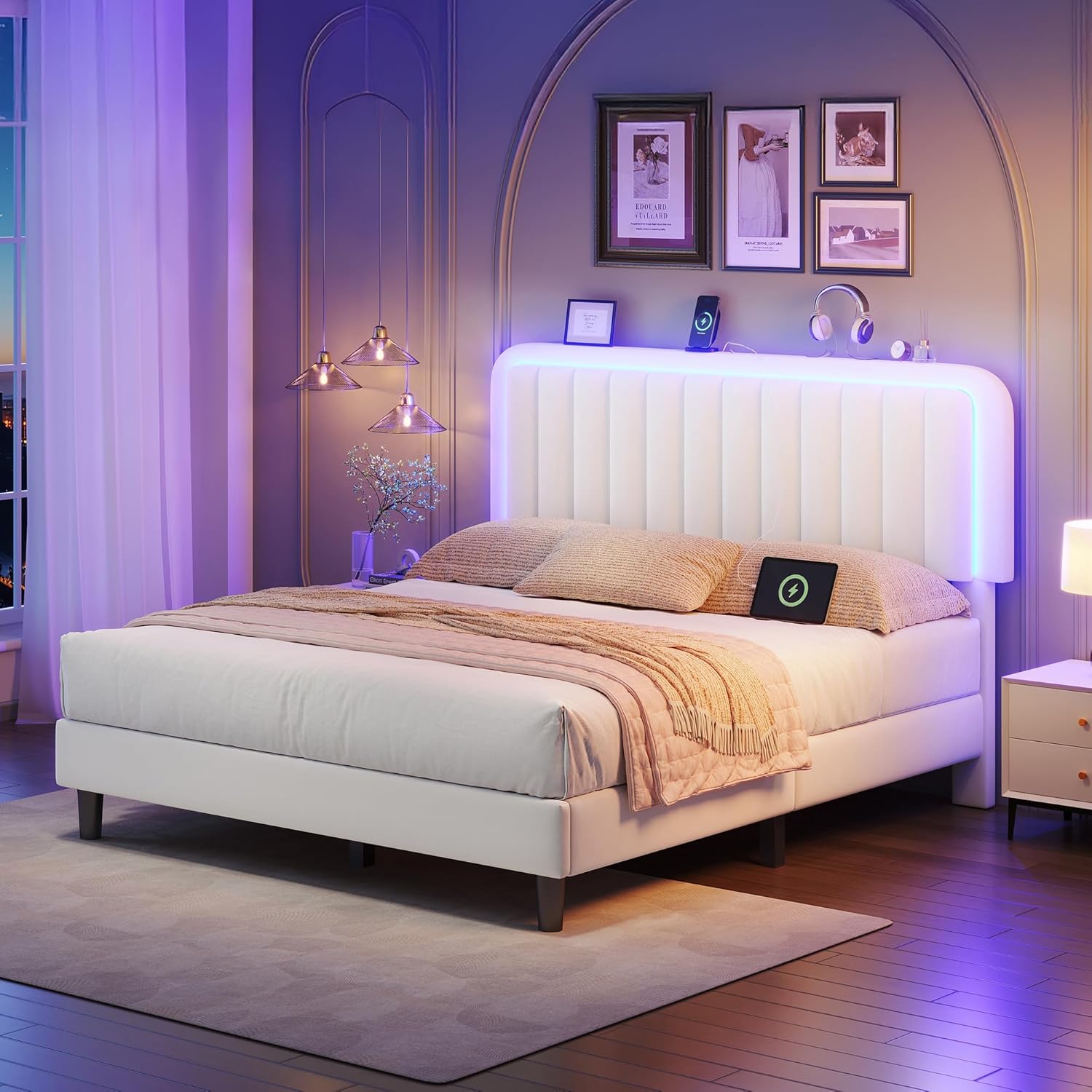 FreeHouse Queen Bed Frame with Headboard & Charging Station, Velvet Bed Frame Queen Size with LED Light, Adjustable Headboard, Solid Wood Slats Support, Noise-Free, No Box Spring Needed, White