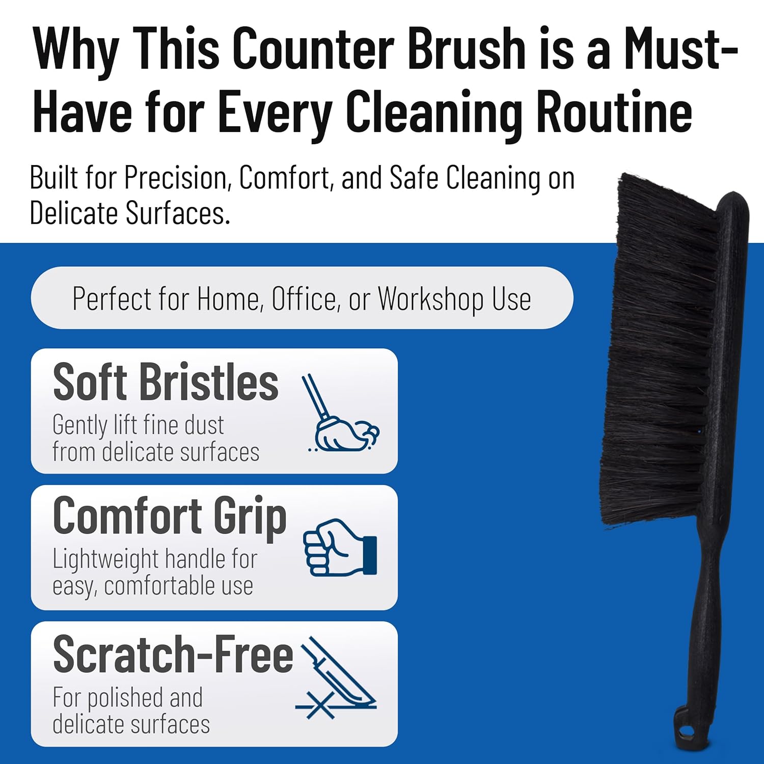 SPARTA Flo-Pac Counter Brush, Bench Brush, Dustpan Brush with Long Lasting for Counters, Floors, And Fireplace, 8 Inches, Black, (Pack of 12)