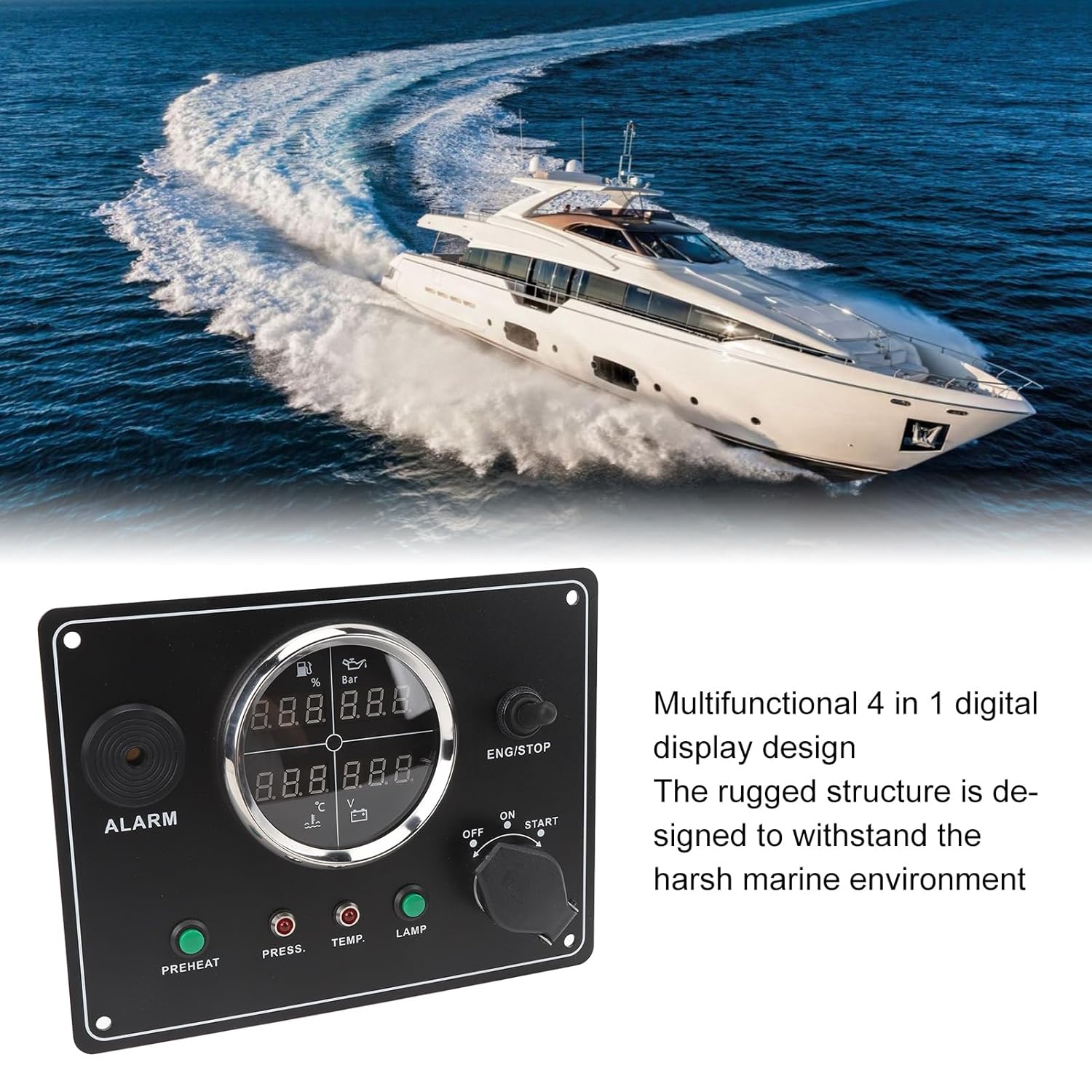 4 in 1 Boat Gauge Kit for Marine, Digital Display Fuel Level Water Temperature Voltage Oil Pressure Meter (Black