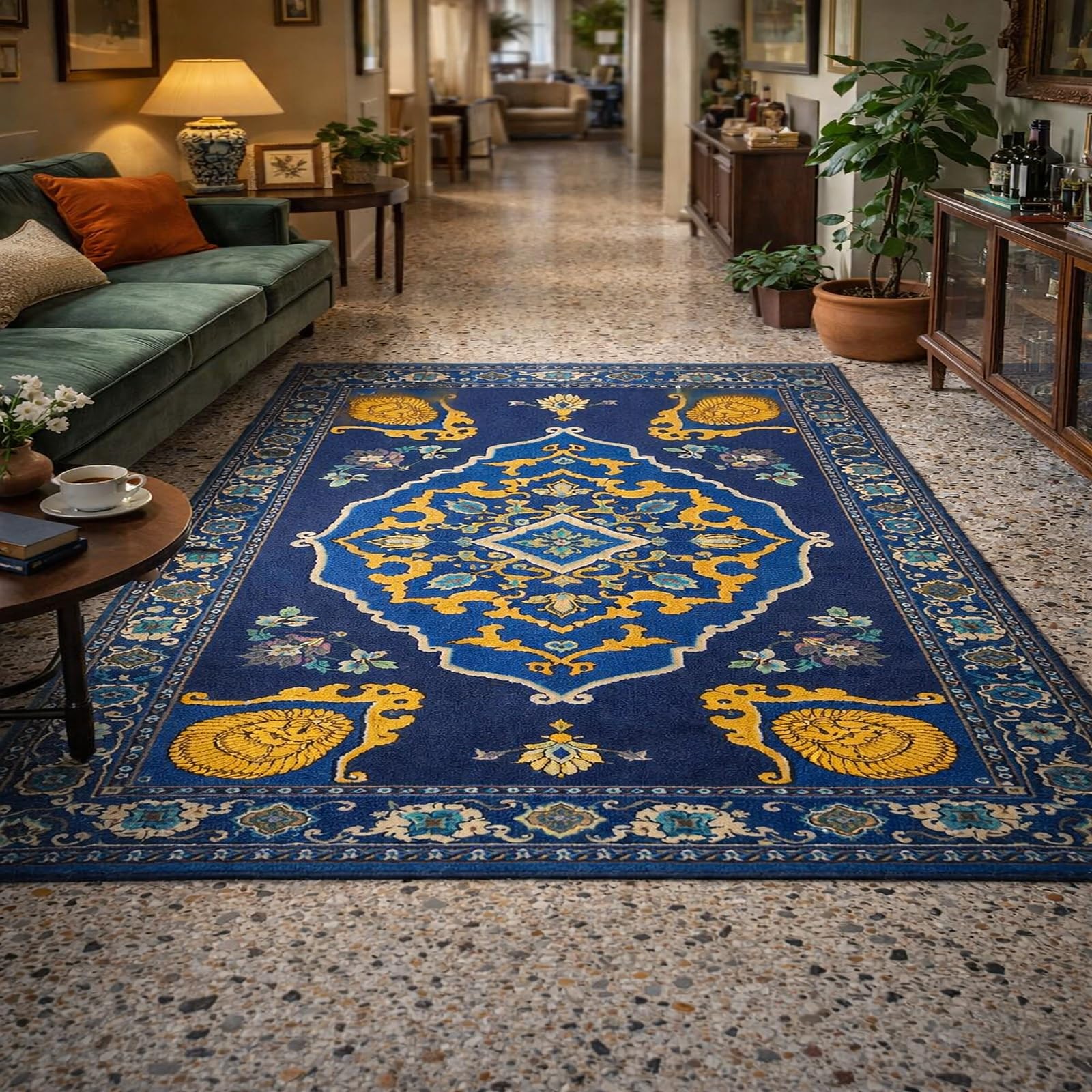 Tapis lavable de salon bleu à poils ras et entretien facile