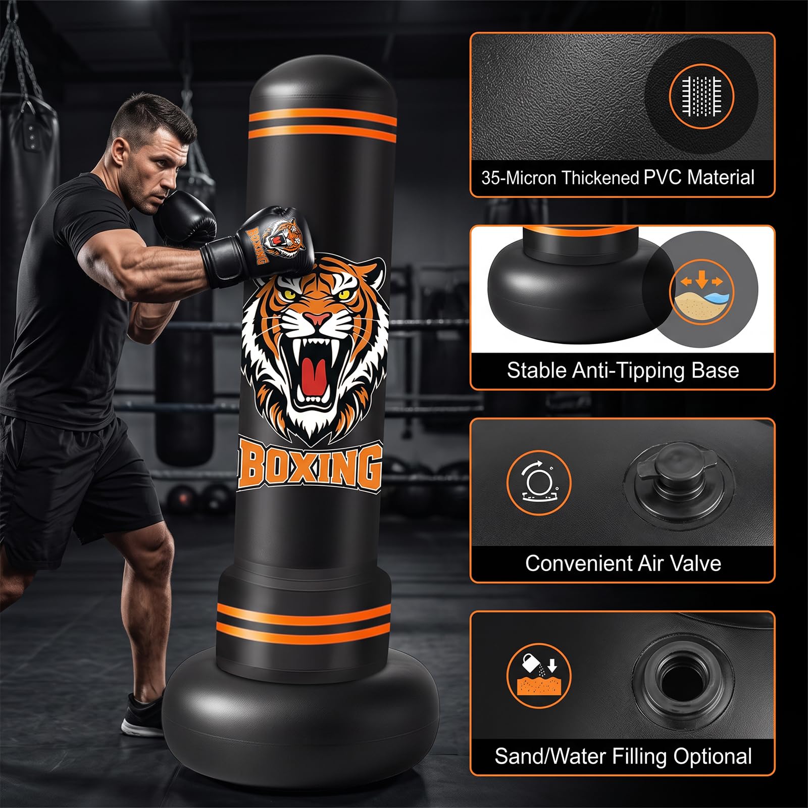 Sacco da boxe per adulti, 190 cm, pesante, in piedi, con guantoni da boxe e pompa ad aria, sacco da boxe gonfiabile per adolescenti e adulti, allenamento, taekwondo, MMA, Muay Thai, casa, palestra