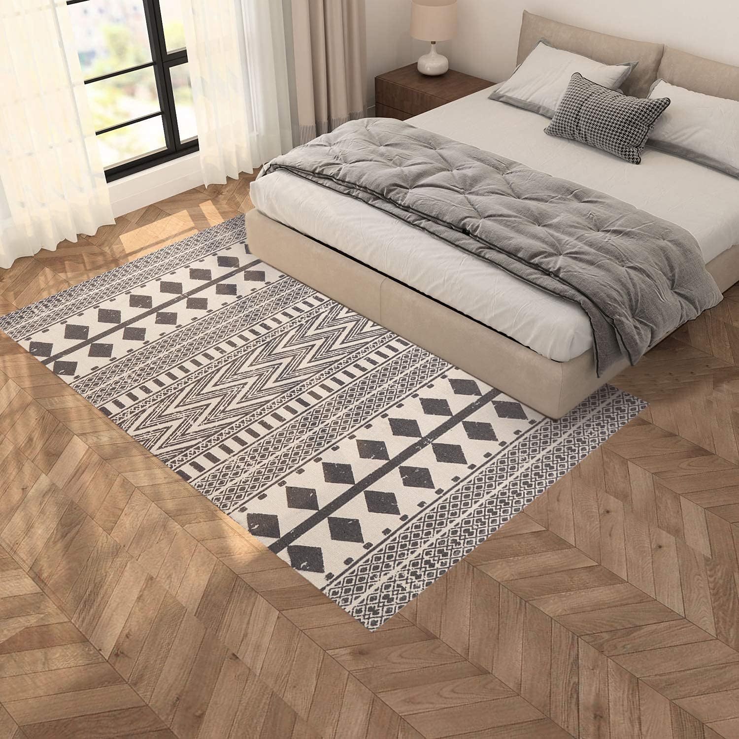 KIMODE Moroccan Cotton Area Rug 3' x 5'| Fringe Throw Rugs| Hand Woven Diamond Print Tassel Collection Rugs| Entryway Floor mat | Washable Indoor Floor Runner Rug| Bedroom Living Room Carpet