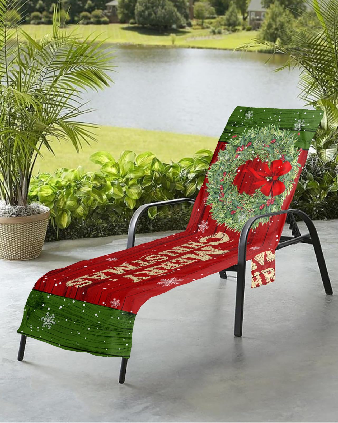 Winter Christmas Beach Chair Towel Covers for Chaise Lounge with Side Pocket, Soft Plush Pool Towels Cover for Patio Sunbathing Outdoor 29''x85'' Pine Wreath Farmhouse Snowflake Red Green
