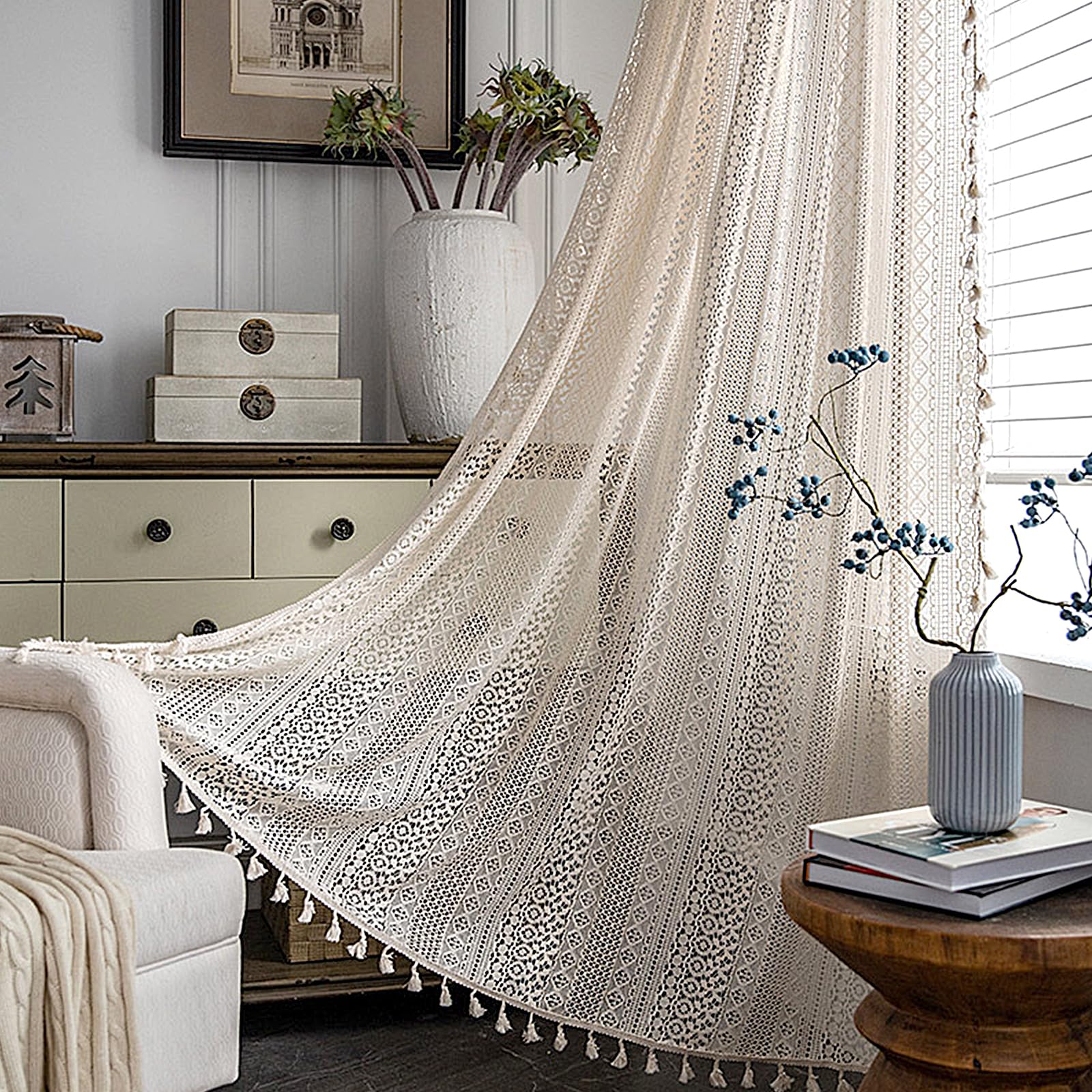 Lot de 2 rideaux en voile - Boho - Macramé - Rideaux vintage - Beige - 150 x 160 cm (L x H) - Pour salon, chambre à coucher