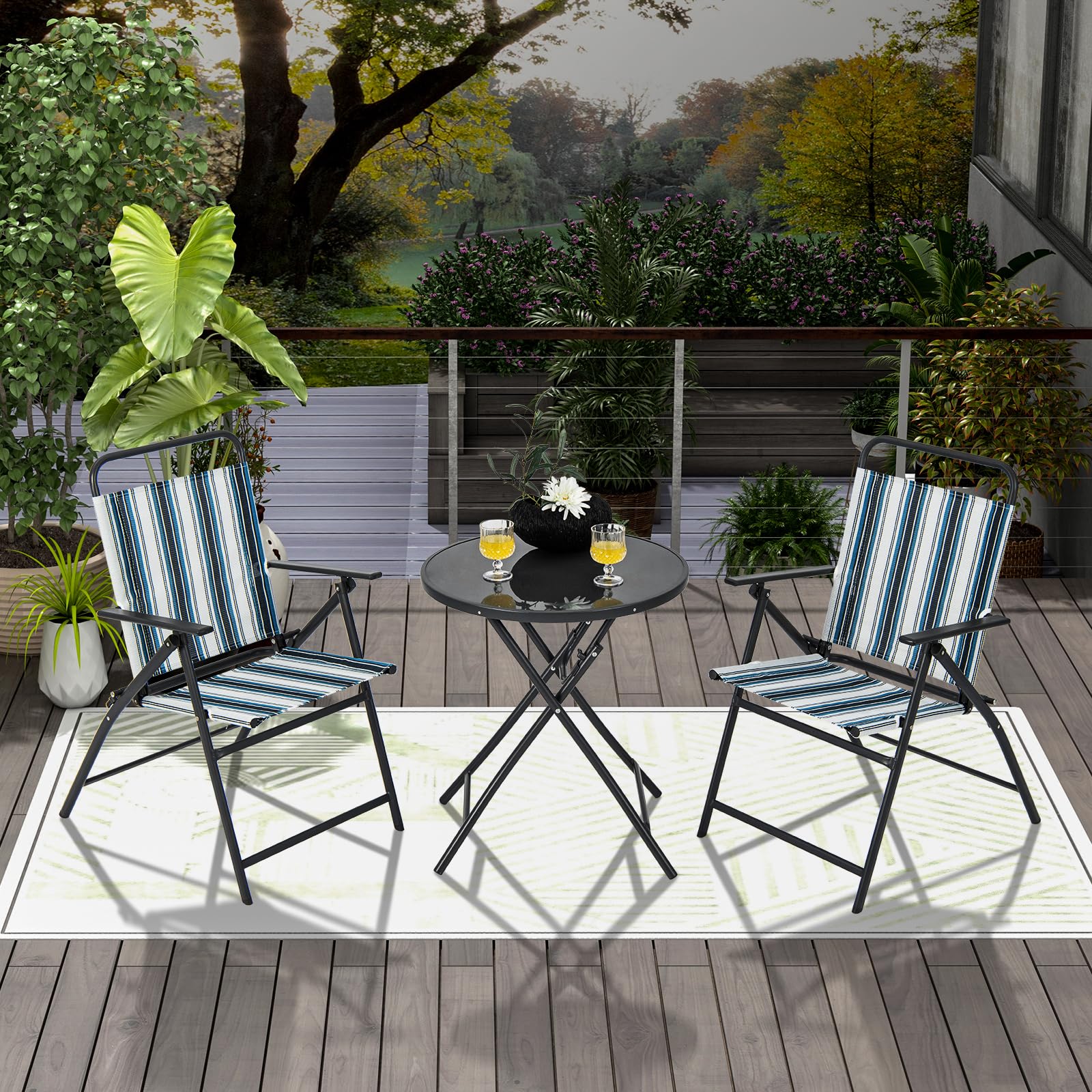 KOMFOTTEU Ensemble de Bistro, 2 Fauteuils en Teslin & Table en Verre Pliables, Ensemble de Jardin pour 2 Personnes, Meuble d'Extérieur 3 pièces, pour Balcon, Terrasse, Piscine