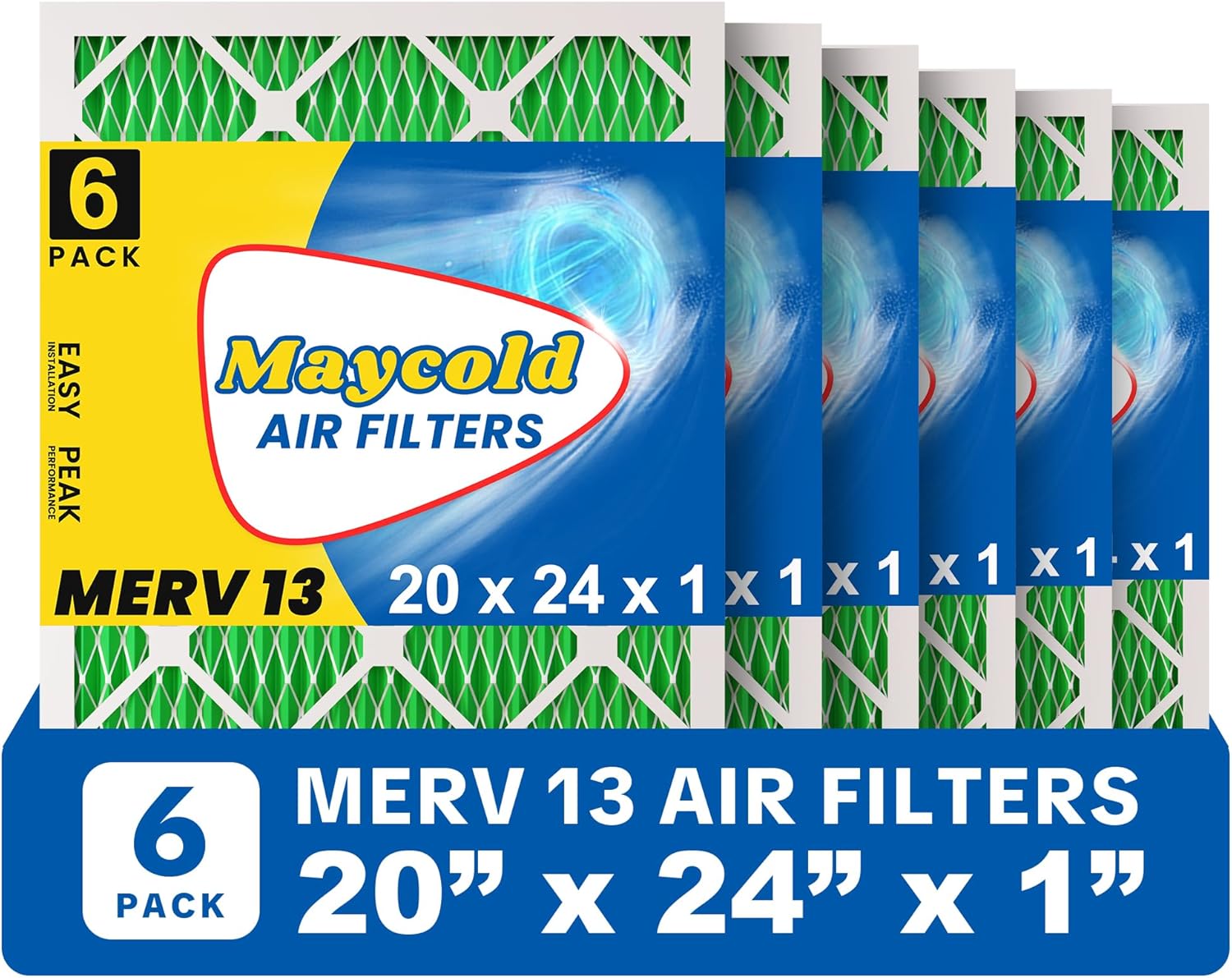 Maycold MERV 13 20x24x1 Air Filter (6-Pack), High-Efficiency Pleated AC & Furnace Filters, Actual Size: 19.70" x 23.70" x 0.75", Individually Wrapped in Plastic