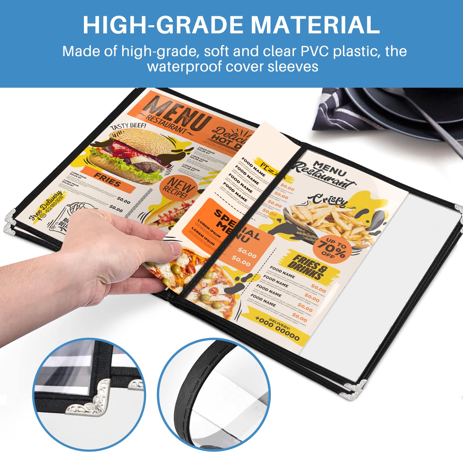 WenYa Fundas de menú A5 (paquete de 10), 4 páginas, 8 vistas, soportes para menús estilo cafetería, borde negro, cubierta transparente para menú de vino con protectores de esquina de metal, se adapta