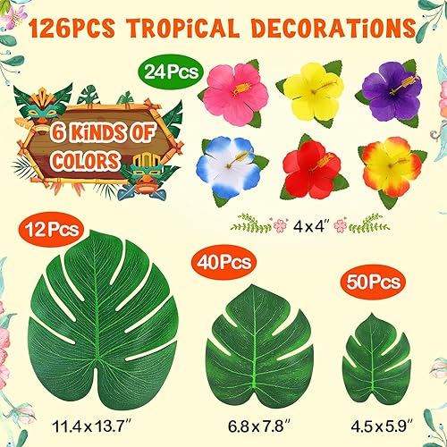 Miniatura 7 de 126 piezas de decoración de fiesta Luau, suministros tropicales de hojas de palma, hibisco, hojas artificiales de simulación para fiestas hawaianas