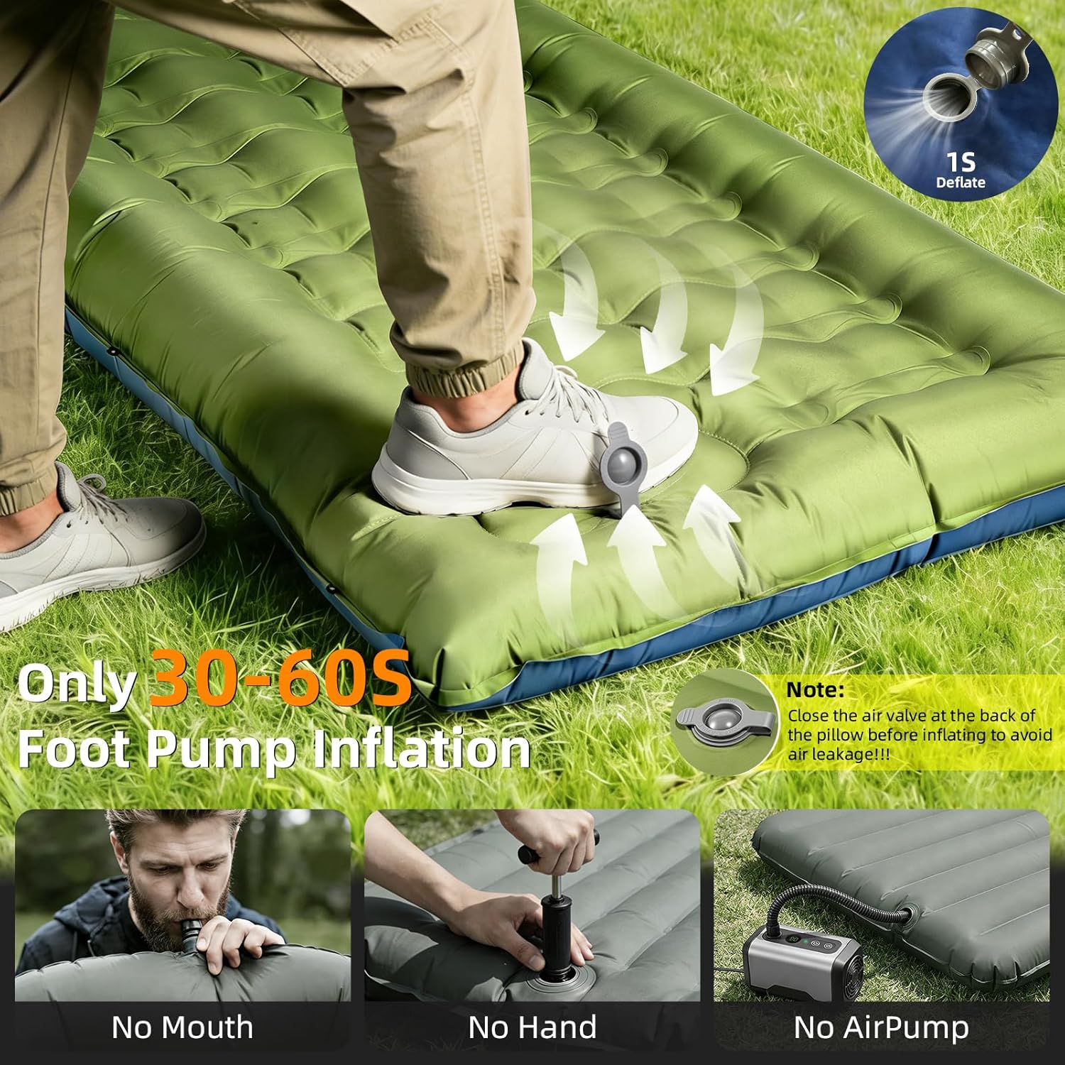 Camping Sleeping Pad, Extra Thick 6 Inch Camping Mat with Built-in Pillow & Foot Pump, Ultralight Inflatable Sleeping Pad for Backpacking Hiking Travel Tent(Green)