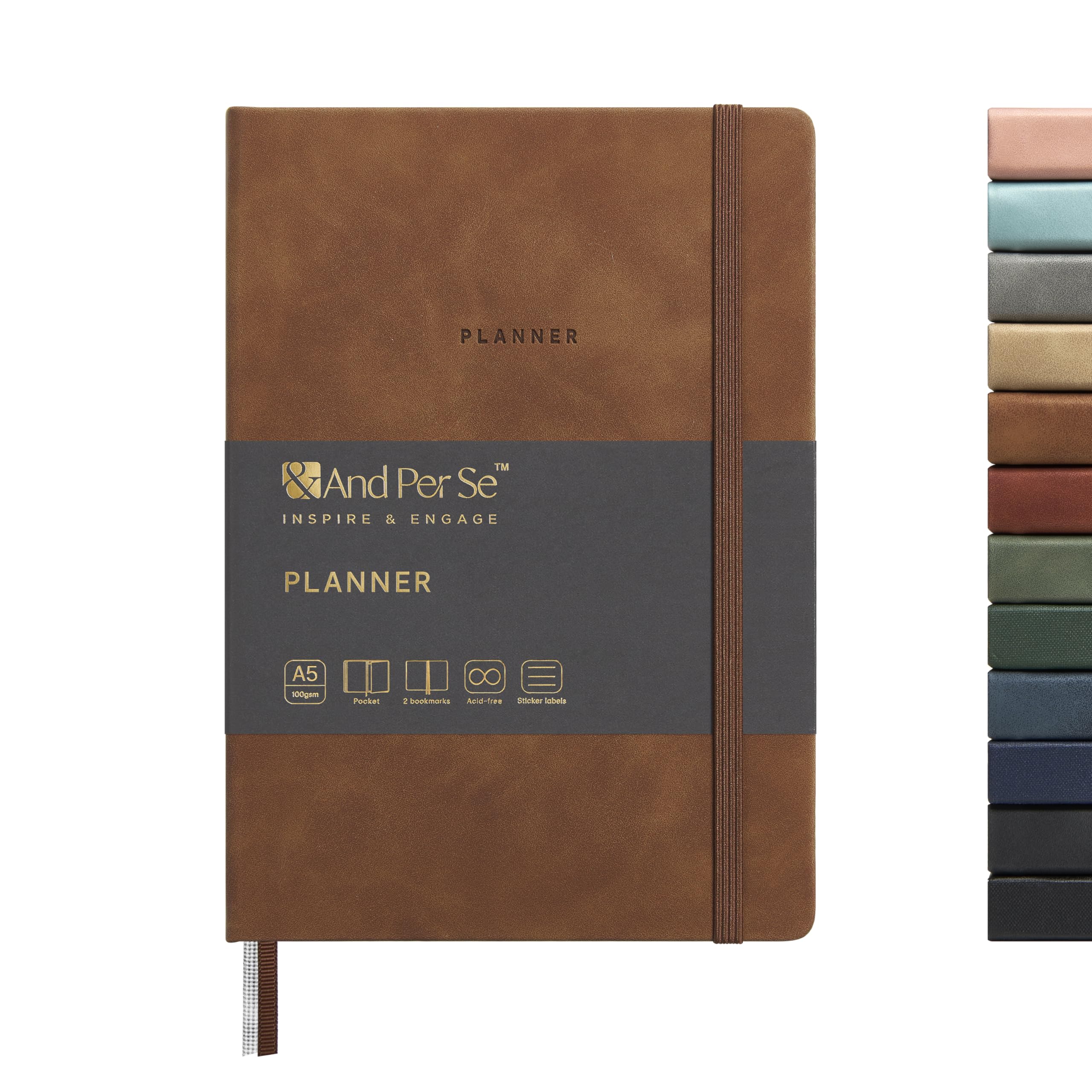 And Per Se Undated Academic Planner, A5 Weekly Calendar Planner, 72 Weeks Hardcover to Track Goals, Teacher Student Planning Book with Monthly Tab Stickers & Back Pocket (Brown)