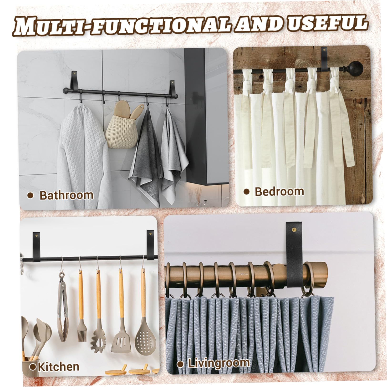iplusmile 4 Pièces Crochets Muraux en Cuir pour Tringles à Rideaux, Design Monté au Mur, Installation Facile, Adaptés pour Salle de Bain Cuisine, Style Bohème, Dimensions 4.72x0.98x0.79
