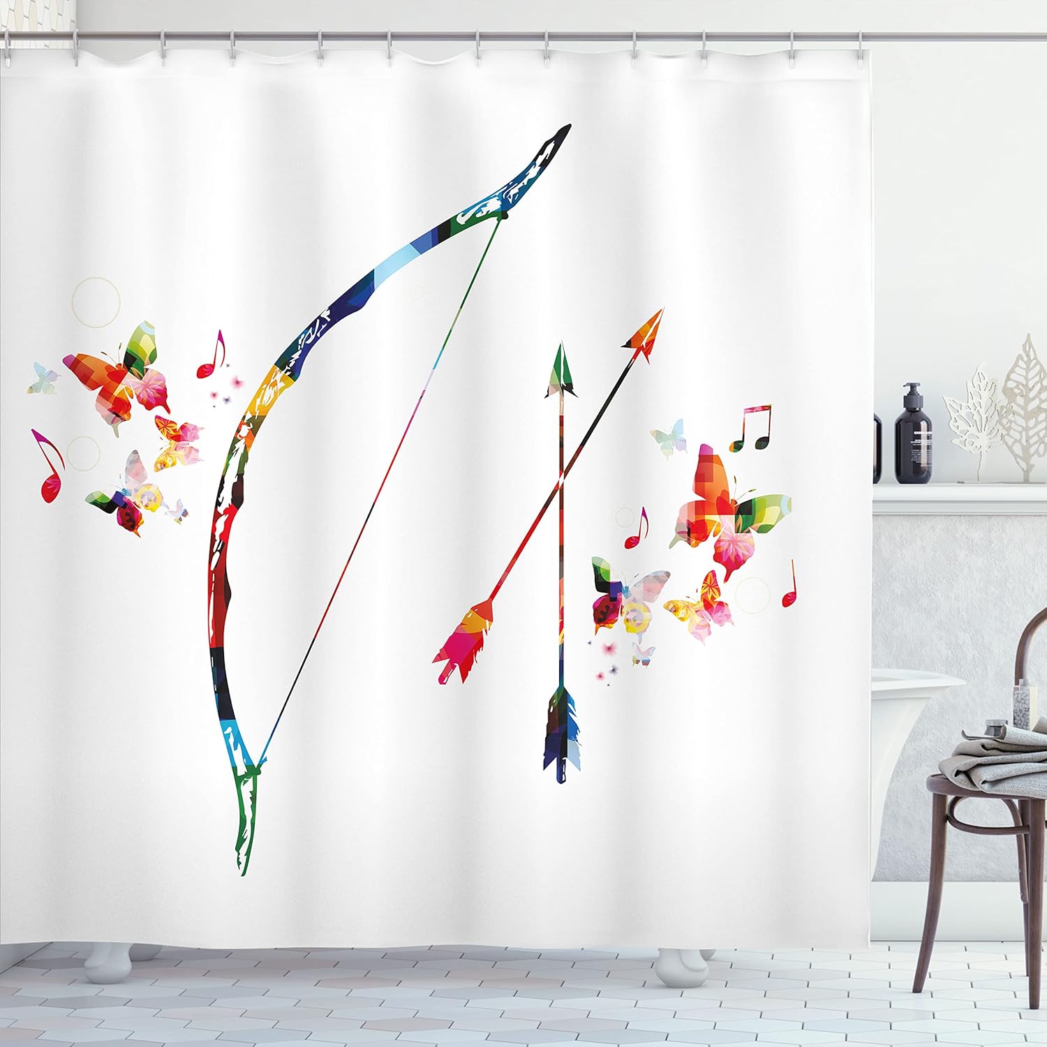 Ambesonne Modern Shower Curtain, Abstract Unusual Bow and Arrow with Butterflies Music Notes Floral Design Print, Cloth Fabric Bathroom Decor Set with Hooks, 69" W x 70" L, White Multicolor