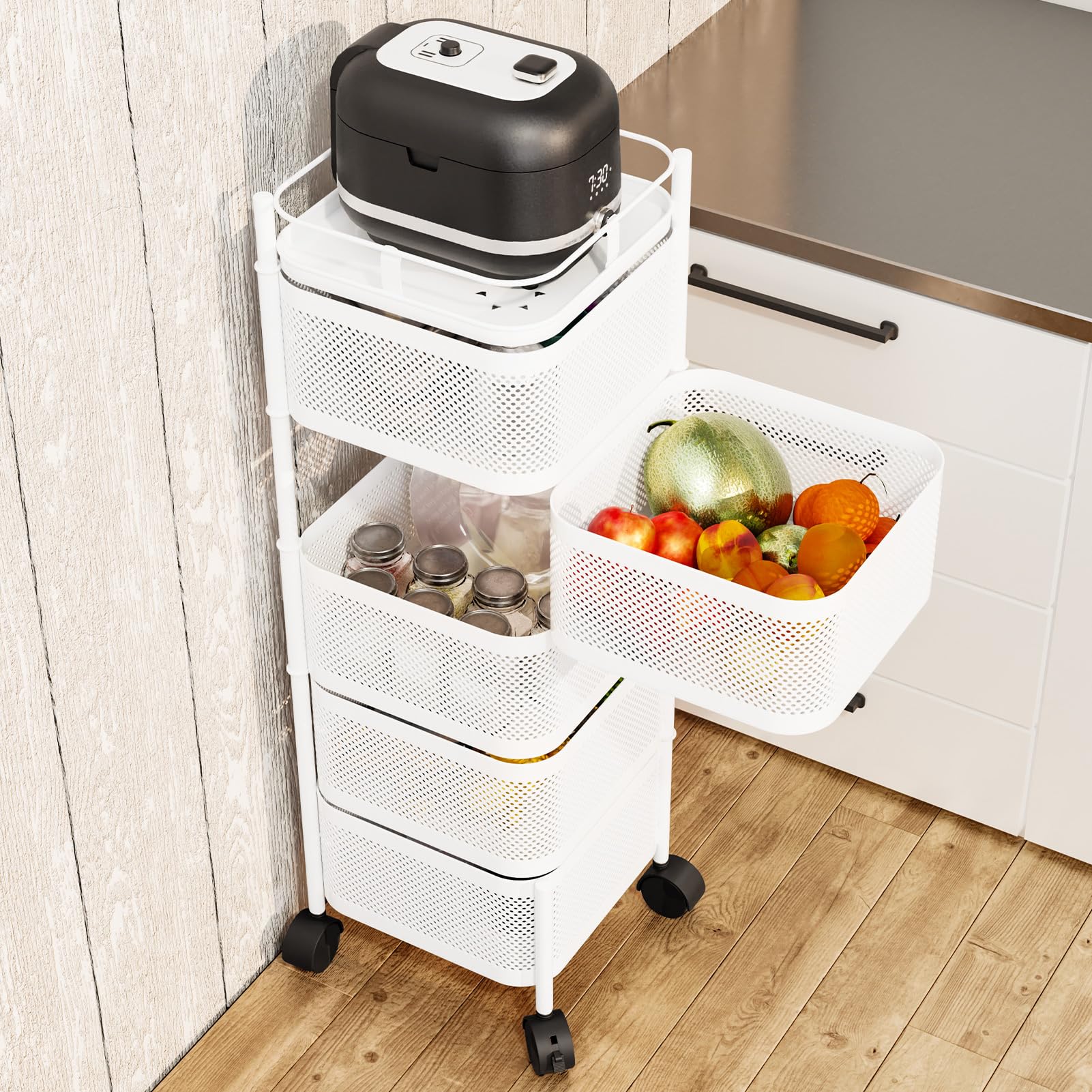 Carrello da cucina rotante a 5 strati in filo metallico per frutta e verdura, versatile carrello portaoggetti con coperchio, per cucina e soggiorno, mobile su ruote