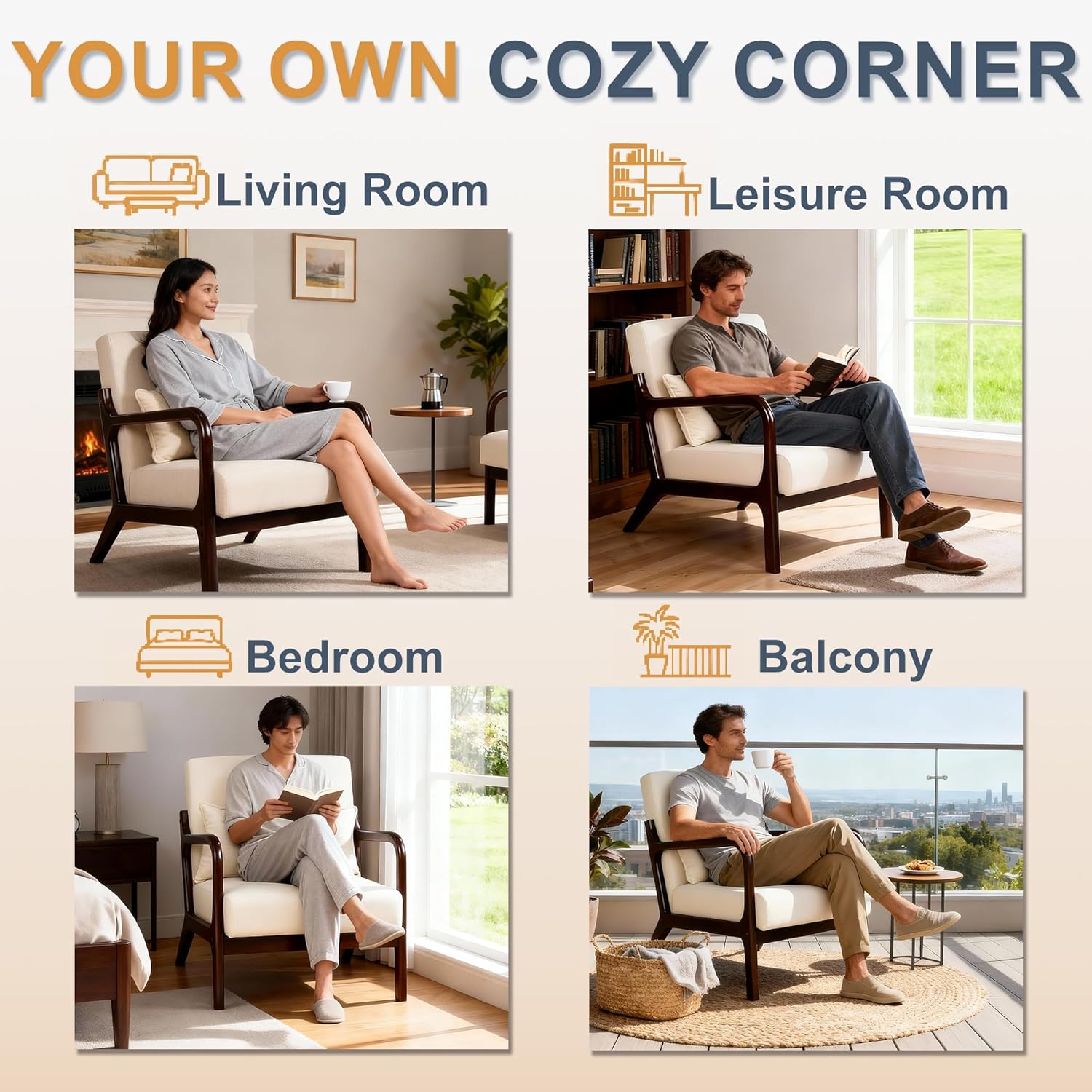 Mid Century Accent Chair Set of 2, Upholstered Modern Chair with Pillow, Armchair with Solid Wood, Reading Relaxing Leisure Chair for Living Room, Bed Room, Waiting Room, Beige