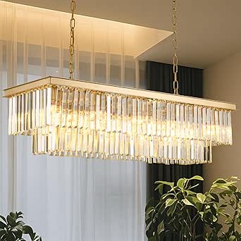 Gold Rectangular Chandelier 40 Inch - 10-Light Luxury Crystal Pendant Lighting for Dining Room, Kitchen Island & Bar - Adjustable Height, Flush Mount Ceiling Fixture