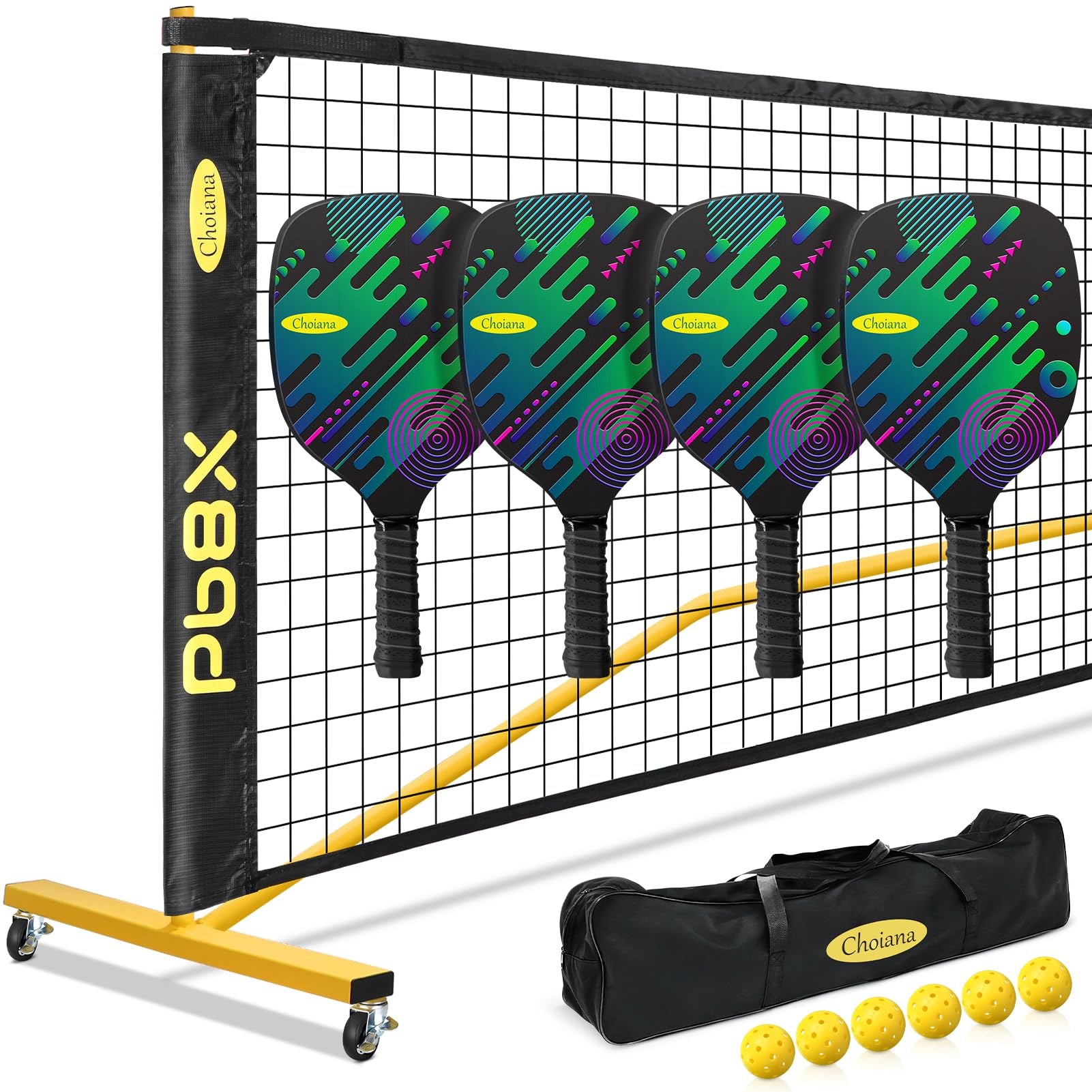 Choiana Pickleball Net Pickleball Set with Net Driveway Wheels Portable Pickle Ball Nets Movable 22ft Regulation Size w/ 4 Paddles Rackets, Carry Bag, Durable Metal Frame for Outdoor Indoor Home