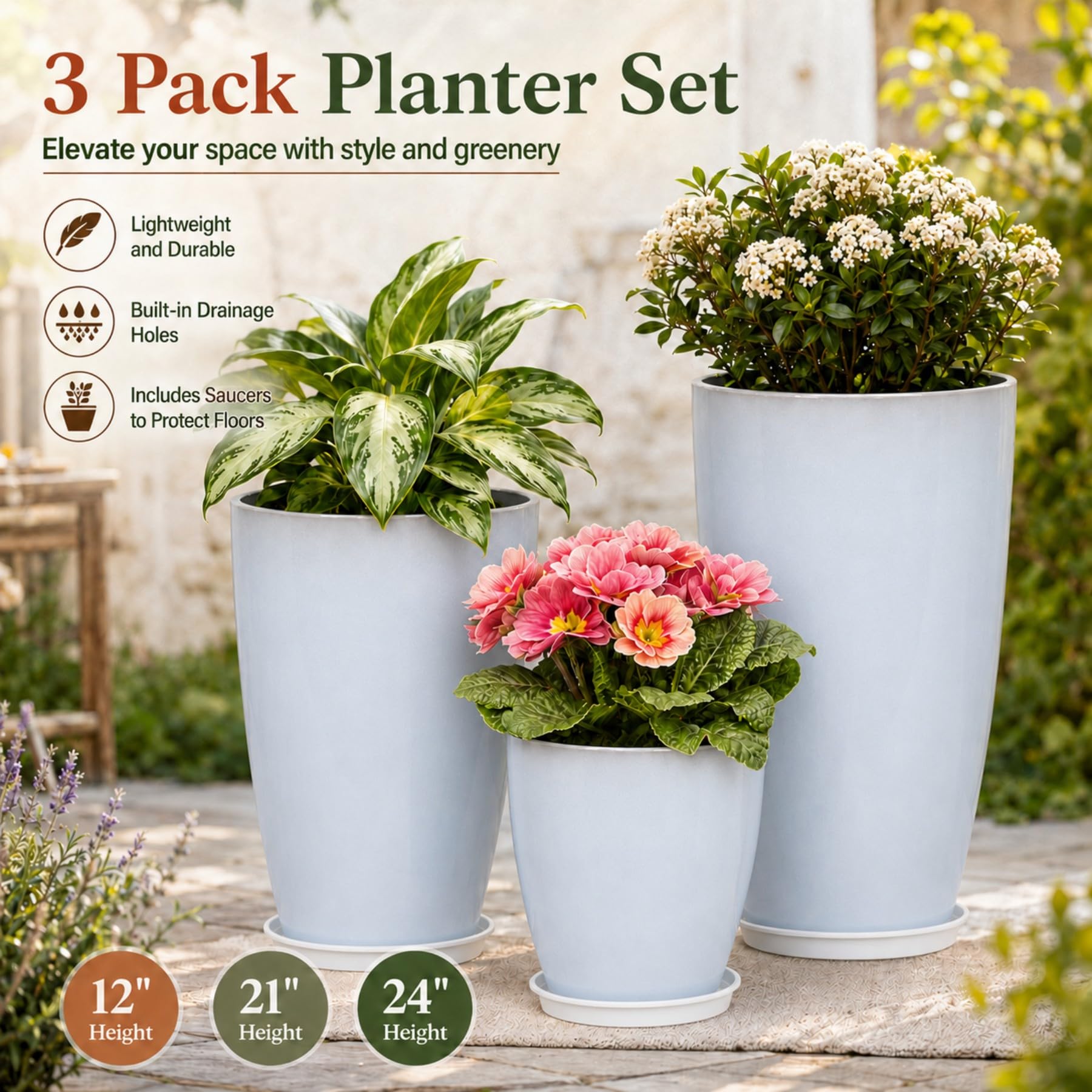 Neoaider Lot de 3 grands pots de fleurs en plastique, 150 cm, 30,5 cm