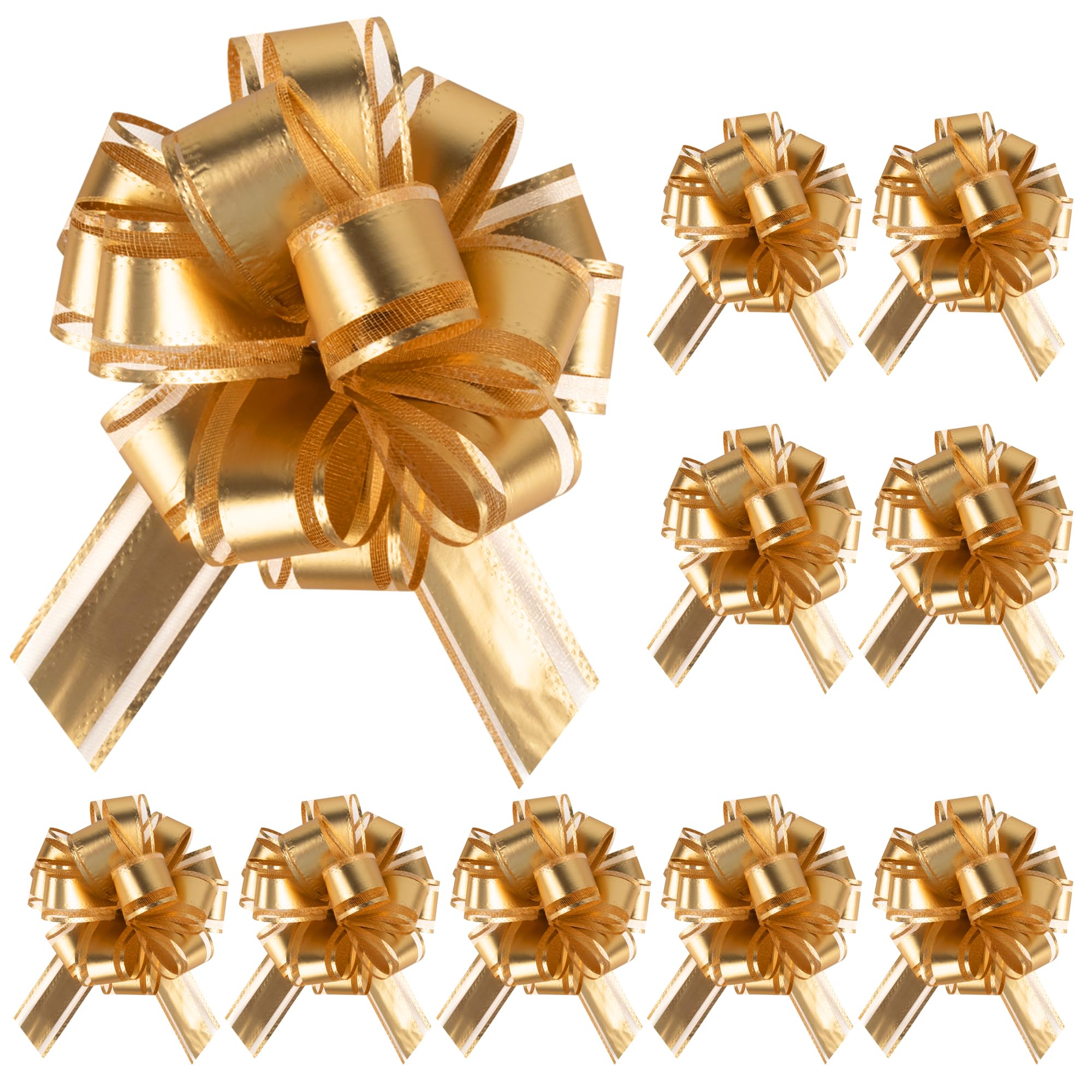 Dalababa 10 Pcs Gold Pull Bows for Gift Wrapping, 4.3 Inch Organza Ribbon Bows for Wedding Christmas Valentine's Day Birthday Party Flower Present Basket Decoration