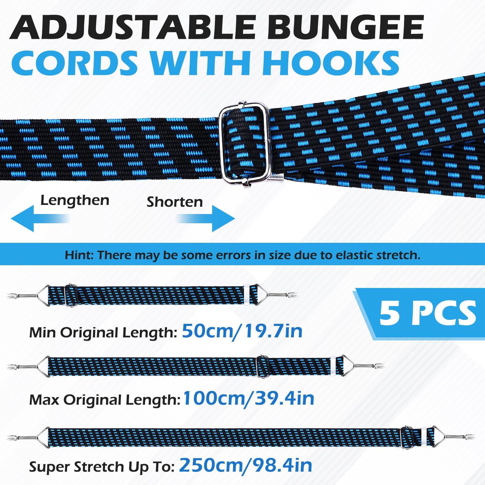 TAIXING 5 Pcs Bungee Cords with Hooks, 1M Adjustable Heavy Duty Flat Bungee Cord - Image 2