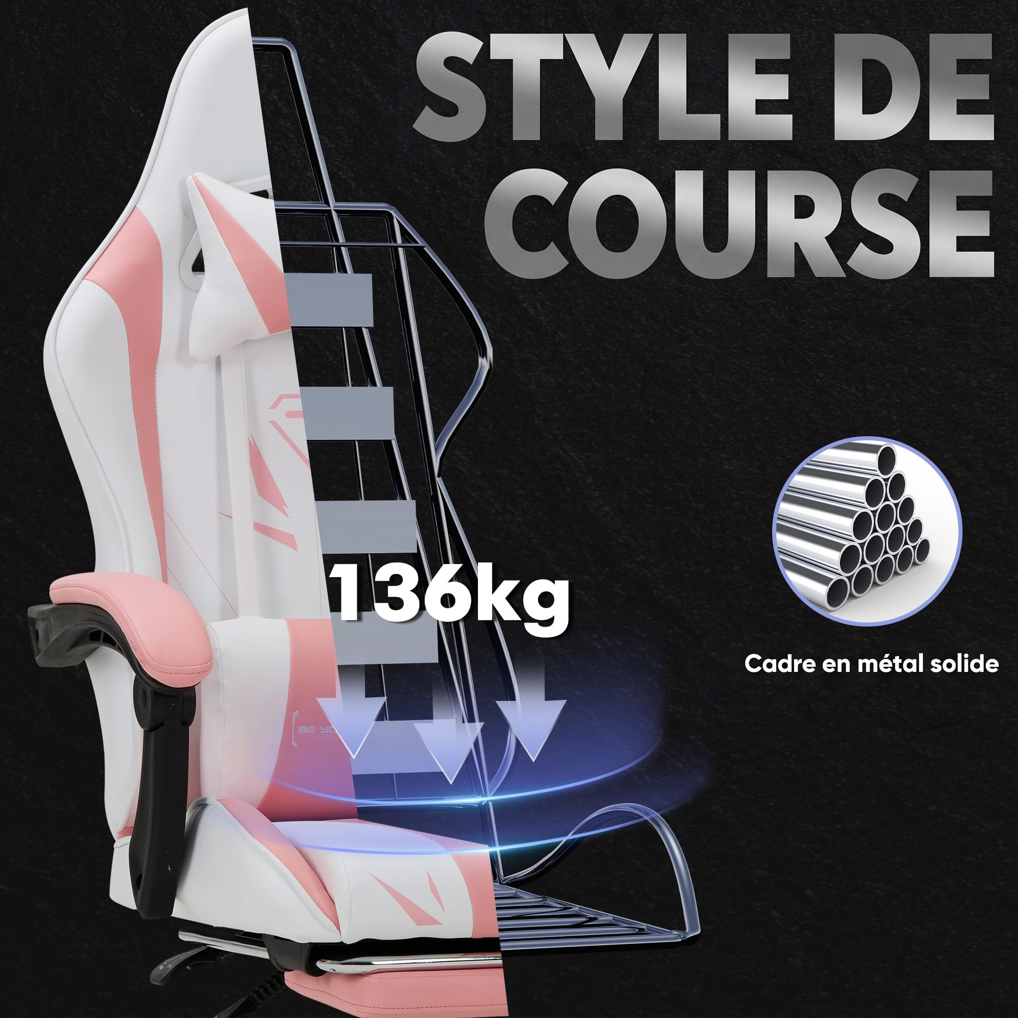 COLAMY Chaise Gamer, Chaise d'ordinateur avec Repose-Pieds et Soutien Lombaire, Chaise de Gaming réglable en Hauteur avec Assise pivotante à 360° et Appui-tête, Chaise PC pour Joueur, Rose