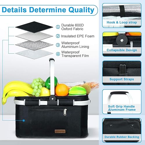 Miniatura 15 de LIQING - Cesta de picnic grande de 35 L, bolsas de compras para viajes, camping, 2 capas de bolsillos internos a prueba de fugas y aislamiento Rojo