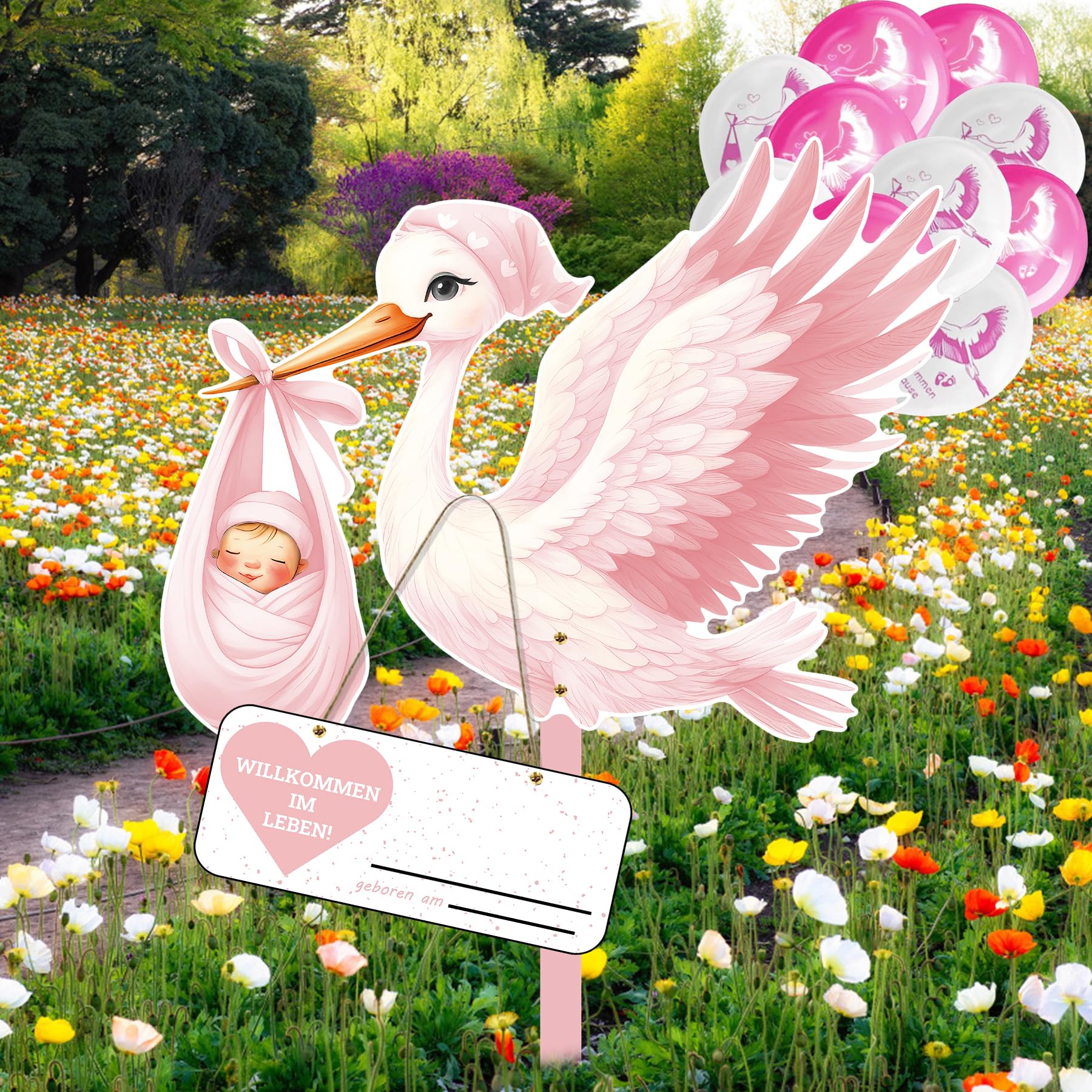 Klapperstorch Set zur Geburt Baby,83 cm hoch Babystorch,10Pcs Neugeborene Balloon,Großer niedliche Holz Klapperstorch für Baby,Beidseitig Bedruckt,Geburtsstorch inkl,Holzstab+ Namensschild Grußkarte