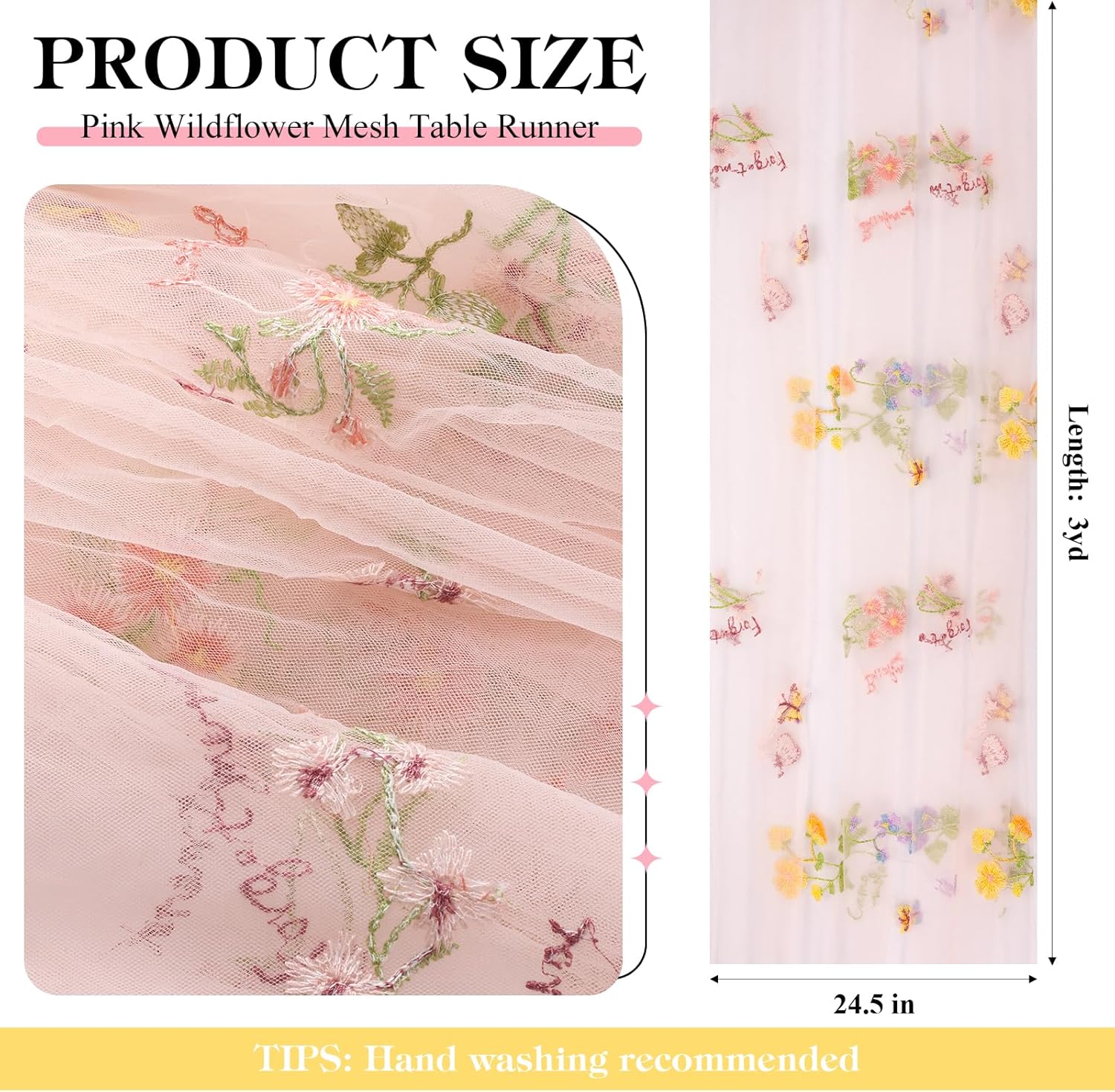 Embroidery Floral Table Runner Spring Summer Tulle Boho Table Runners Wildflower Party Decorations for Kitchen Dining Holiday Wedding Tea Party, 108 x 24.5 Inch, Pink