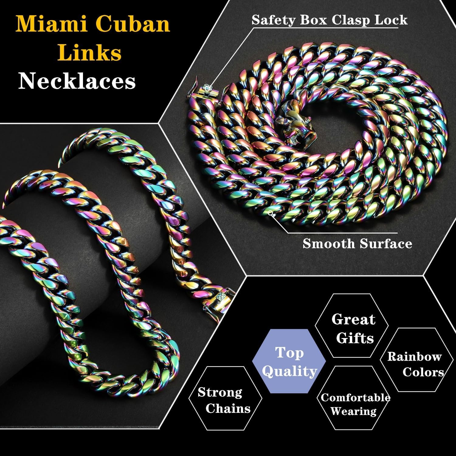 ROWIN&CO Miami Cuban Link Chain for Men Women 15mm Rainbow Stainless Steel Curb Necklace, Hip Hop Jewelry, Durable & Anti-Tarnish Colorful Chain 18"-30" Inch, Pops Gifts For Fathers Boyfriends, Sons - Image 2