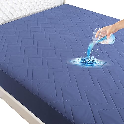 Waterproof Mattress Protector(Queen, Blue), 18 inches Deep Pocket, Breathable and Noiseless Mattress Topper, Machine Washable Bedding Mattress Pad,
