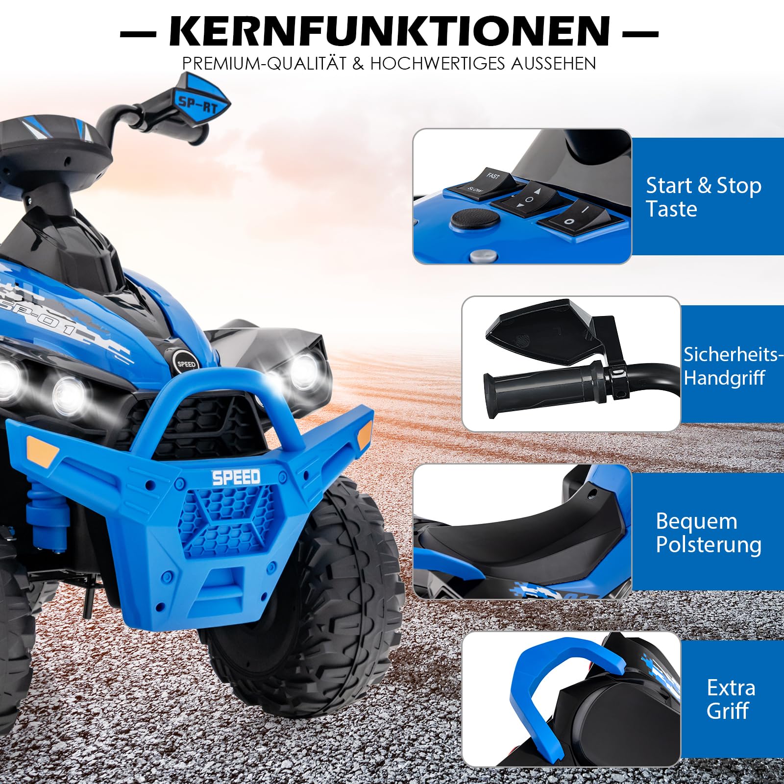 GOPLUS 12V Elektrische Kinderquad, Kinderfahrzeug mit LED-Scheinwerfern, Musik & Hupe, Elektroauto mit 4 rutschfeste Räder & langsamer Start, für Kinder 3–8 Jahre alt, bis 35 kg Belastbar (Blau)