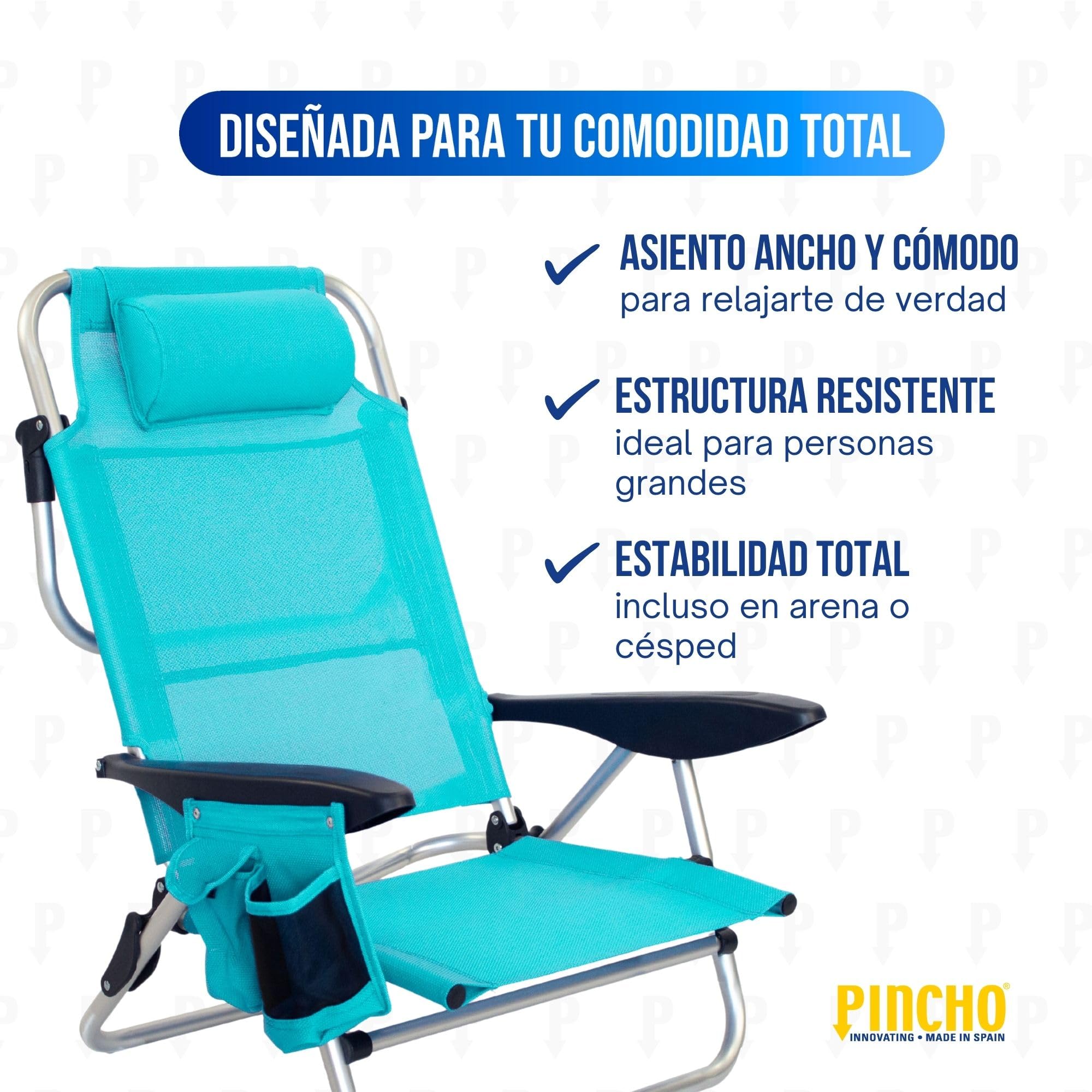 Pincho Silla de Playa Plegable 4 Posiciones Plegable con Cojin Ajustable y Bolsillos Portaobjetos Estructura de Aluminio Tejido Transpirable Resistente hasta 110 kg
