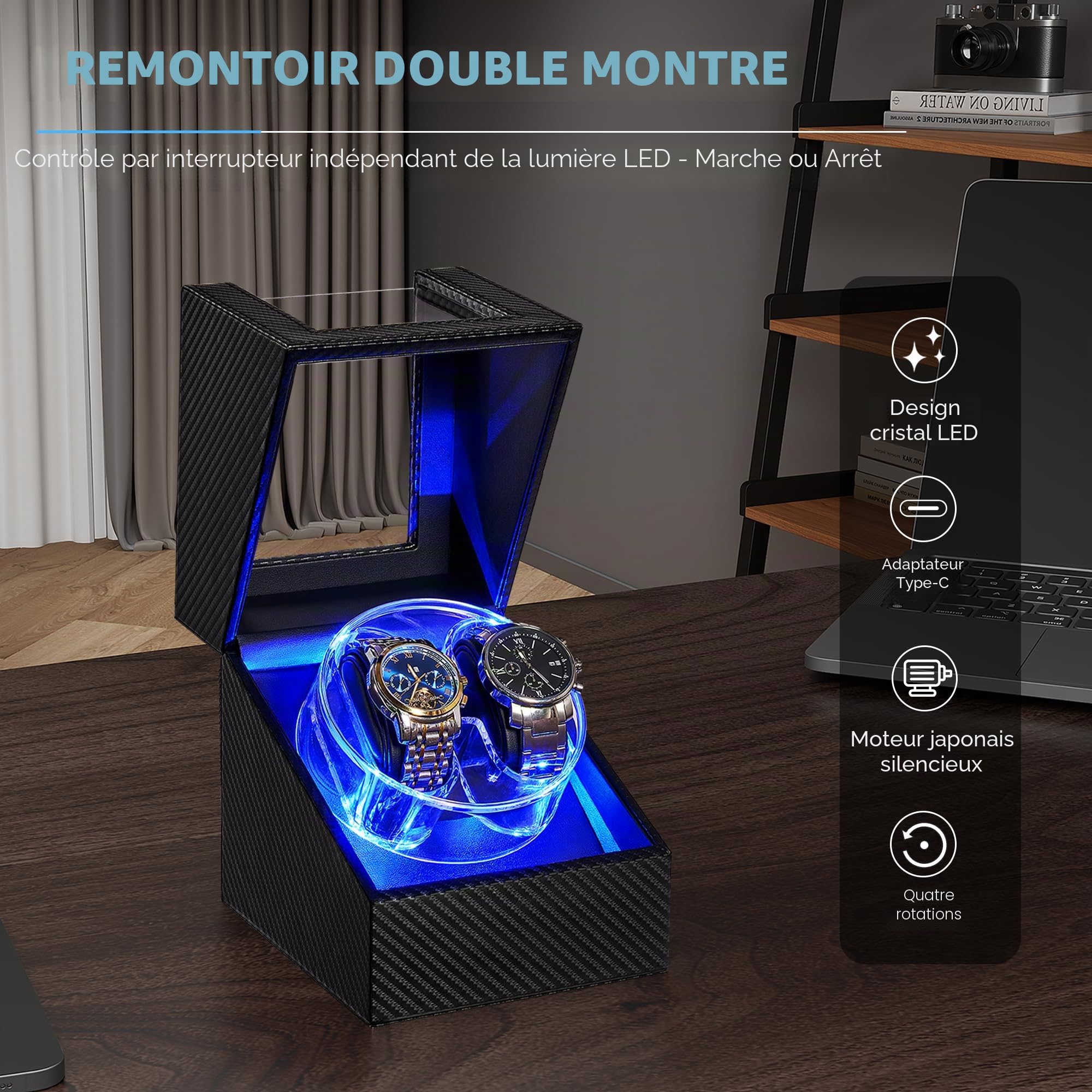 ANWBROAD Remontoir Pour Montres Automatiques, 4 Modes Boîte Double Remontoir Automatique Avec Design en Cristal LED, Boîtier Rotatif Avec Moteur Ultra Silencieux et Adaptateur Type-C JWW007C