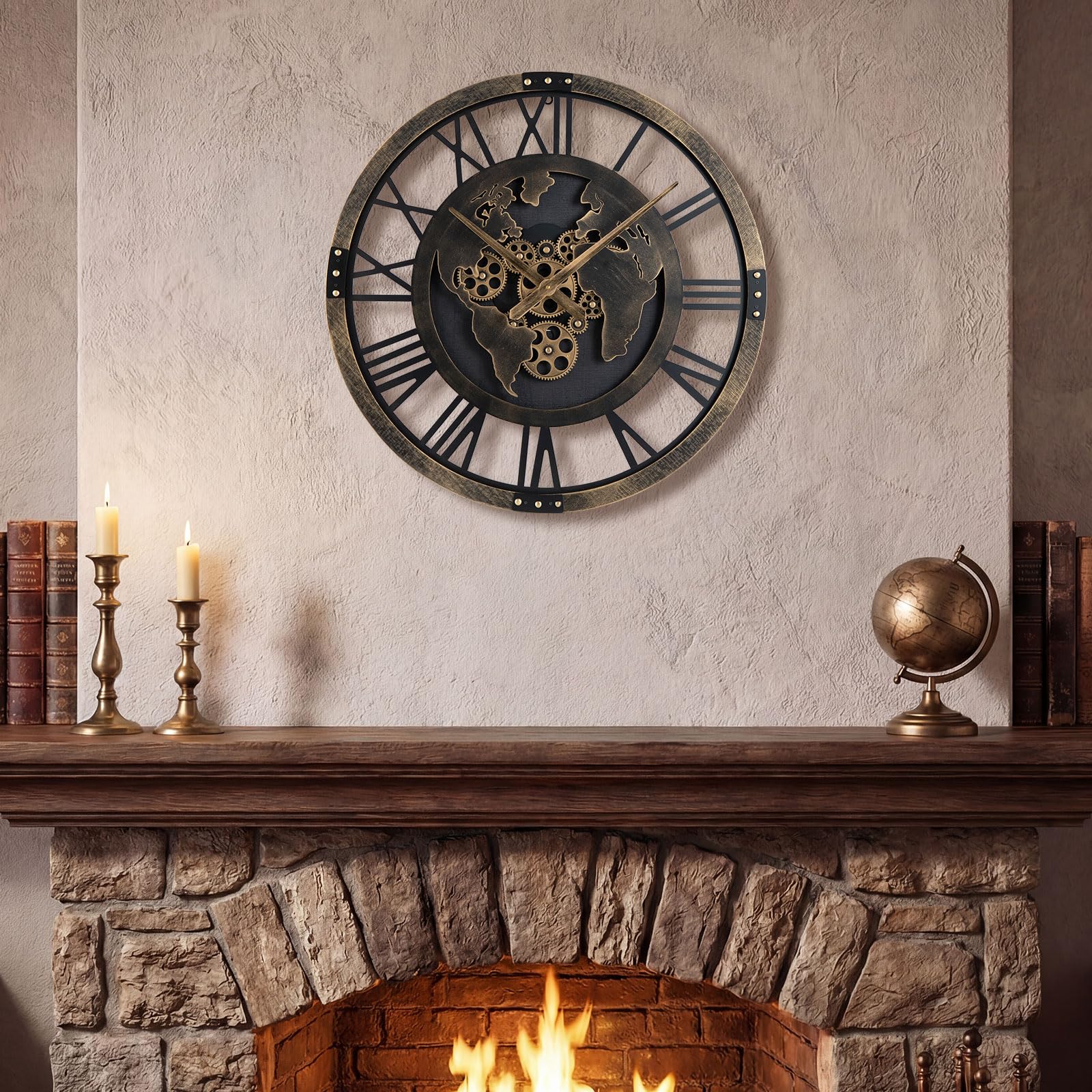 COSTWAY Grande Orologio da Parete 68 cm a Ingranaggi con Mappa del Mondo | Orologio in Metallo Decorativo Silenzioso per Soggiorno Camera da Letto Cucina