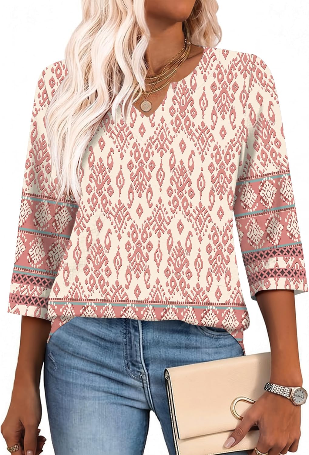 Bohemian 3/4 Sleeve V-Neck Blouses for Women | Casual Tunic Tops
